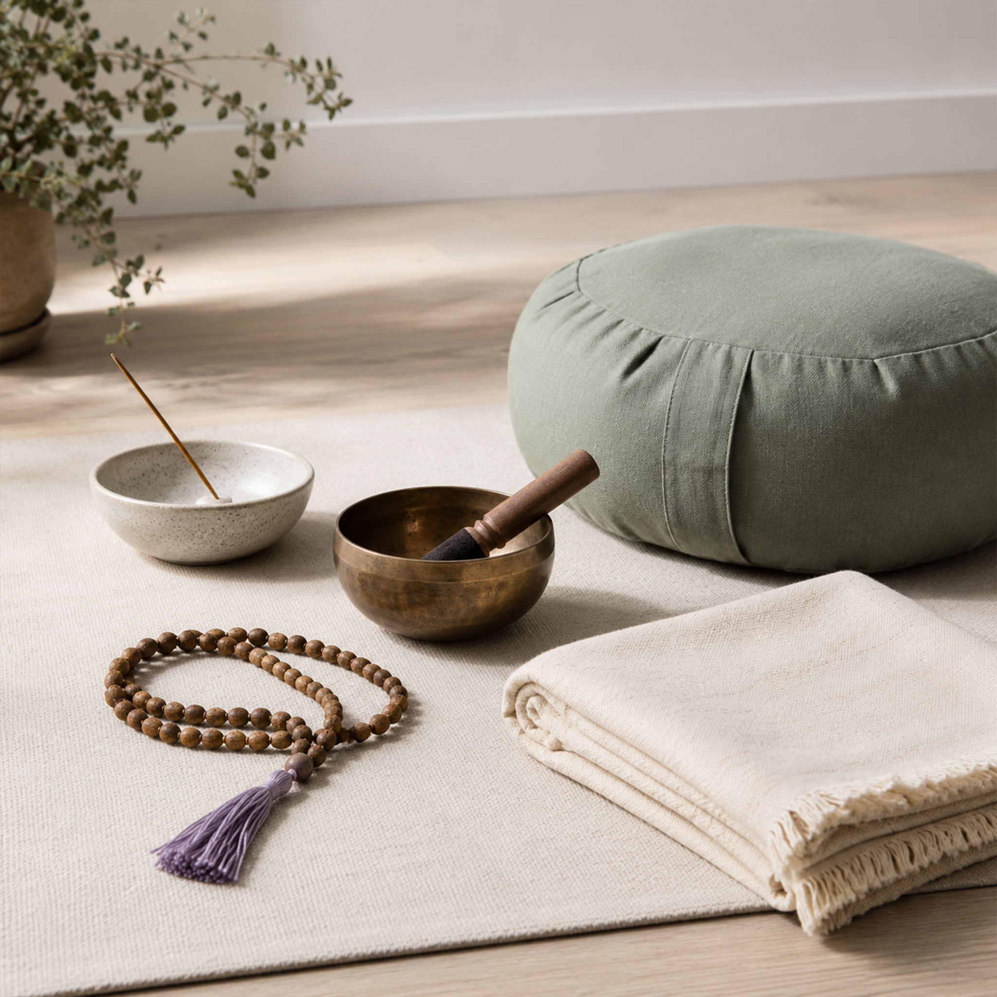Ruhiger Meditationsbereich mit grünem Sitzkissen, Klangschale, Räucherstäbchen, Mala-Kette und gefalteter Decke auf einer Matte.
