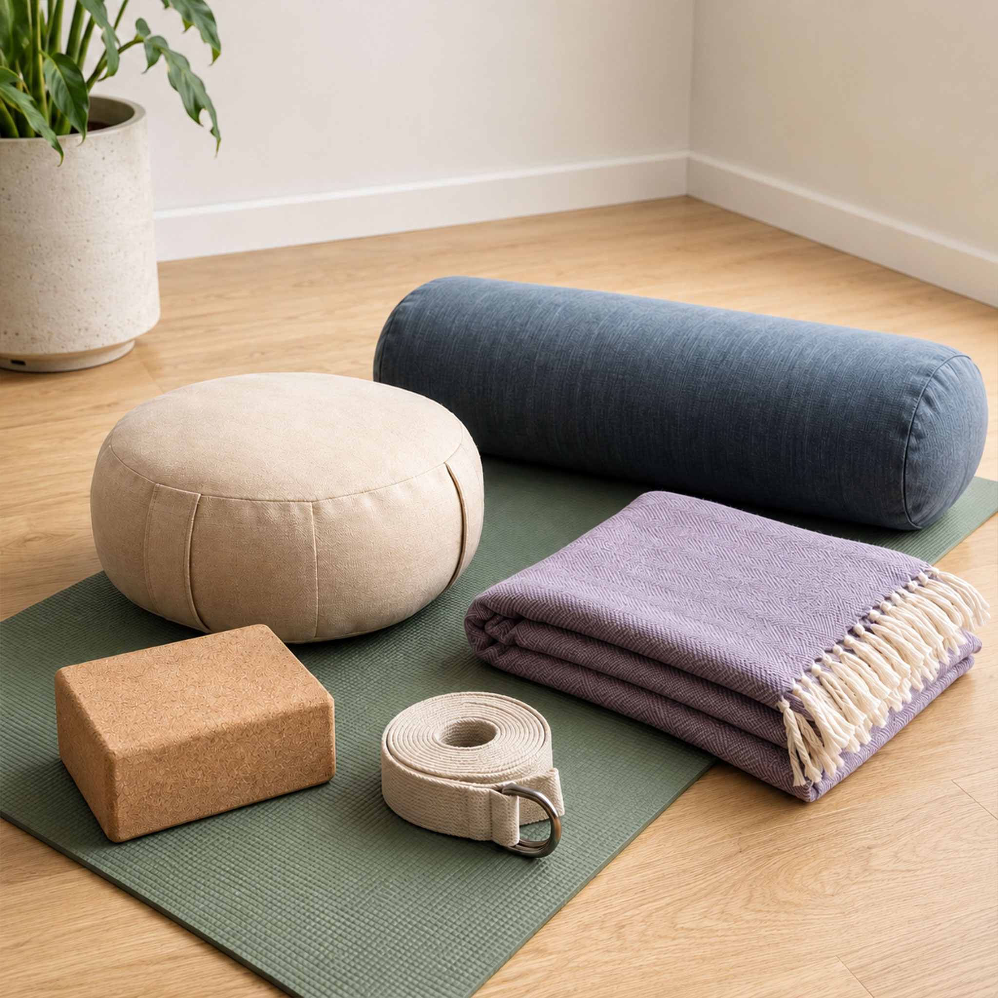 Grüne Yogamatte mit Meditationskissen, Yogabolster, Yogablock, Yogagurt und gefalteter Decke auf helzem Holzboden neben einer Zimmerpflanze.