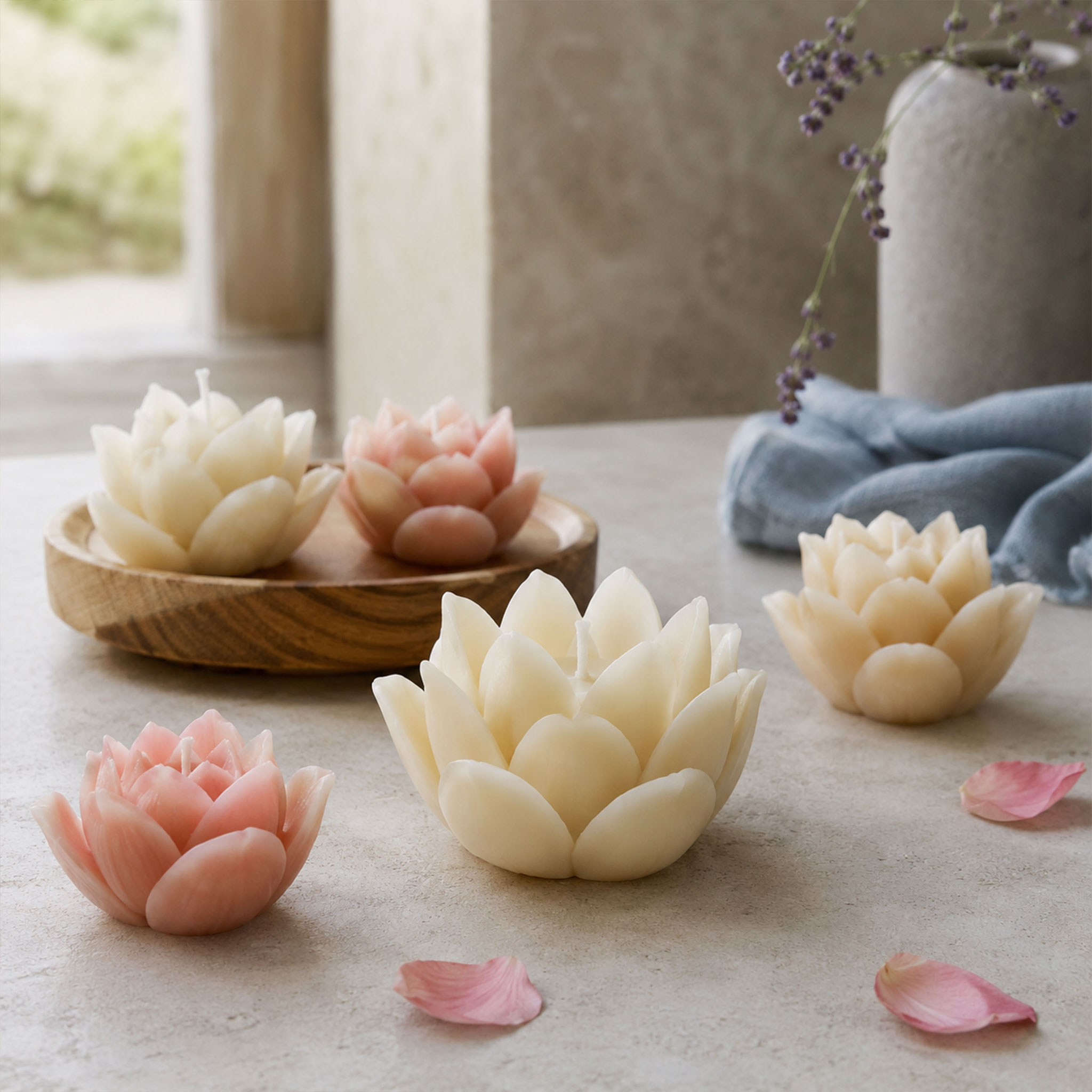 Mehrere lotusförmige Kerzen in Creme und Rosa auf einer hellen Oberfläche, mit Holzschale, Blütenblättern und dekorativer Vase im Hintergrund