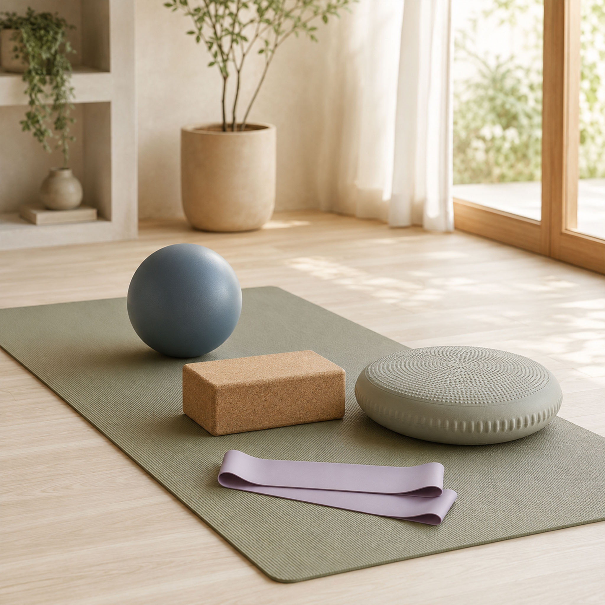 Yogamatte mit Gymnastikball, Korkblock, Balancekissen und Fitnessband in einem hellen, modernen Wohnraum