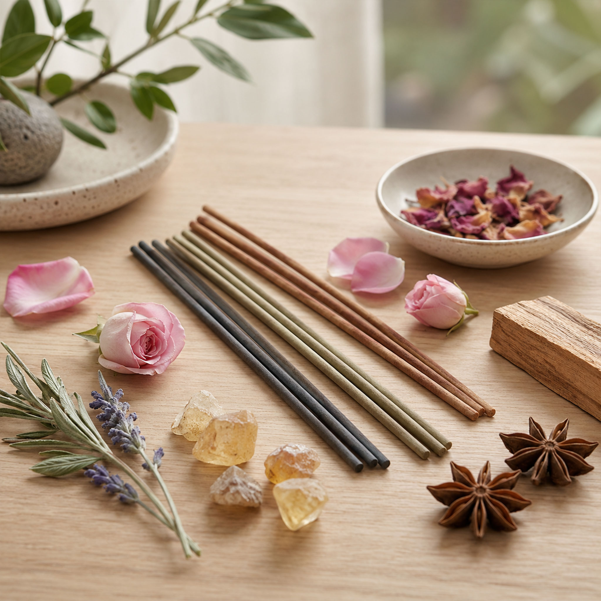 Mehrere Räucherstäbchen liegen auf einem Holztisch, umgeben von rosa Rosen, Lavendel, Sternanis, getrockneten Blüten und Harzstücken in einer ruhigen, natürlichen Anordnung.