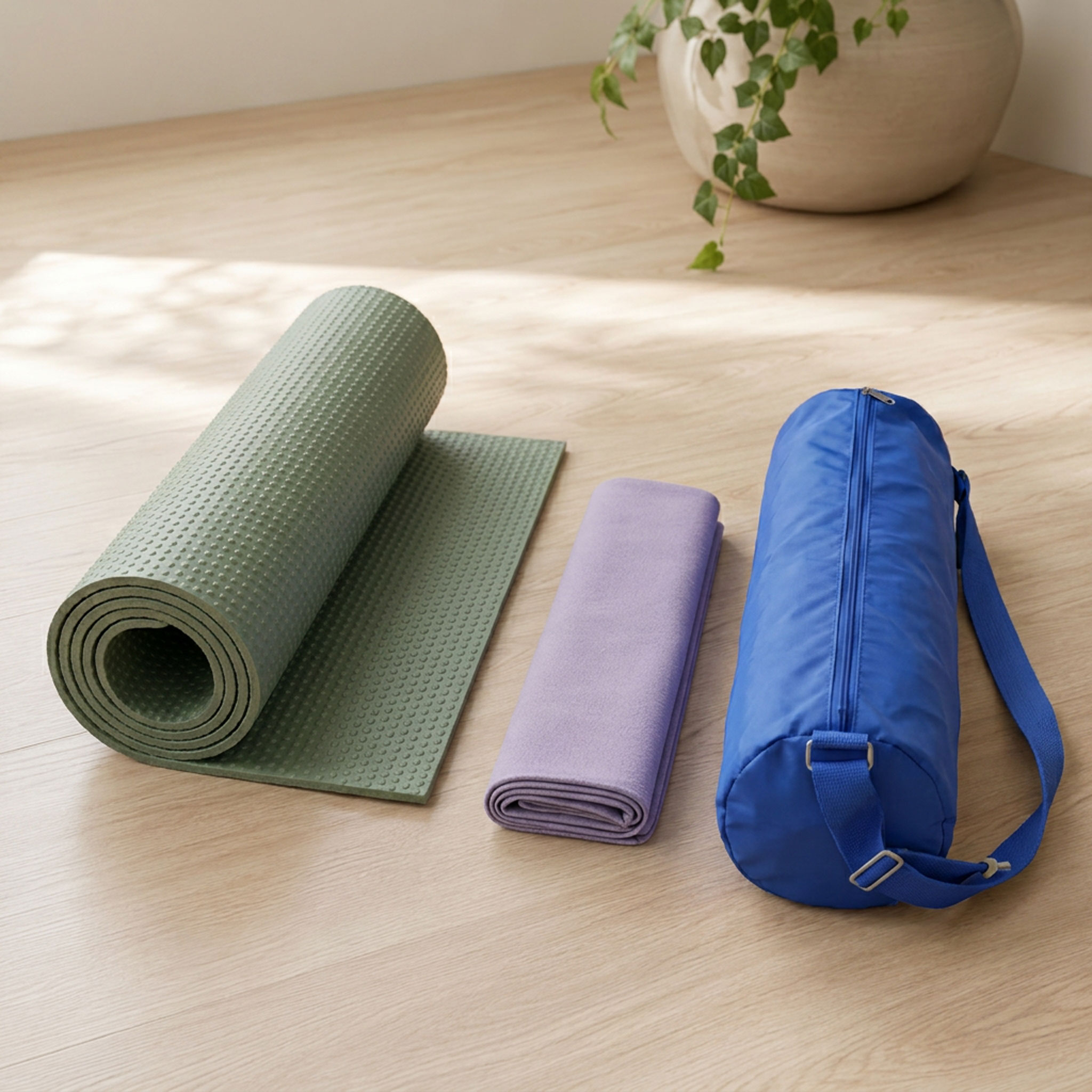 Zusammengerollte grüne Yogamatte, gefaltetes Handtuch und blaue Tragetasche auf hellem Holzboden