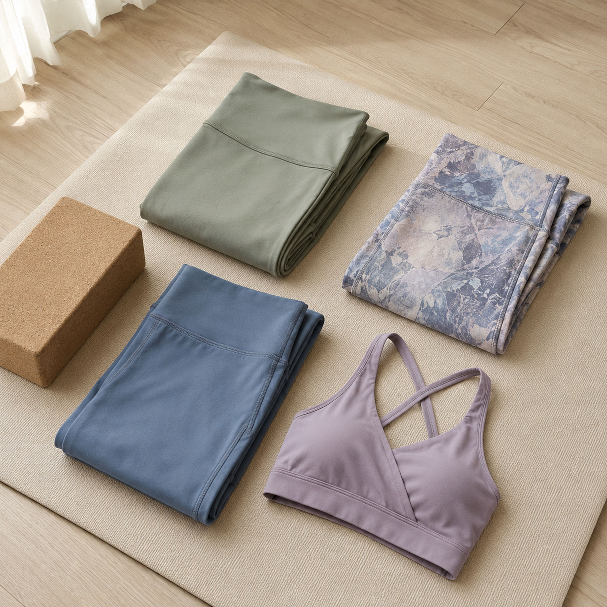 Zusammengelegte Leggings in verschiedenen Farben, ein Sport-BH und ein Kork-Yogablock auf einer Yogamatte auf hellem Holzboden