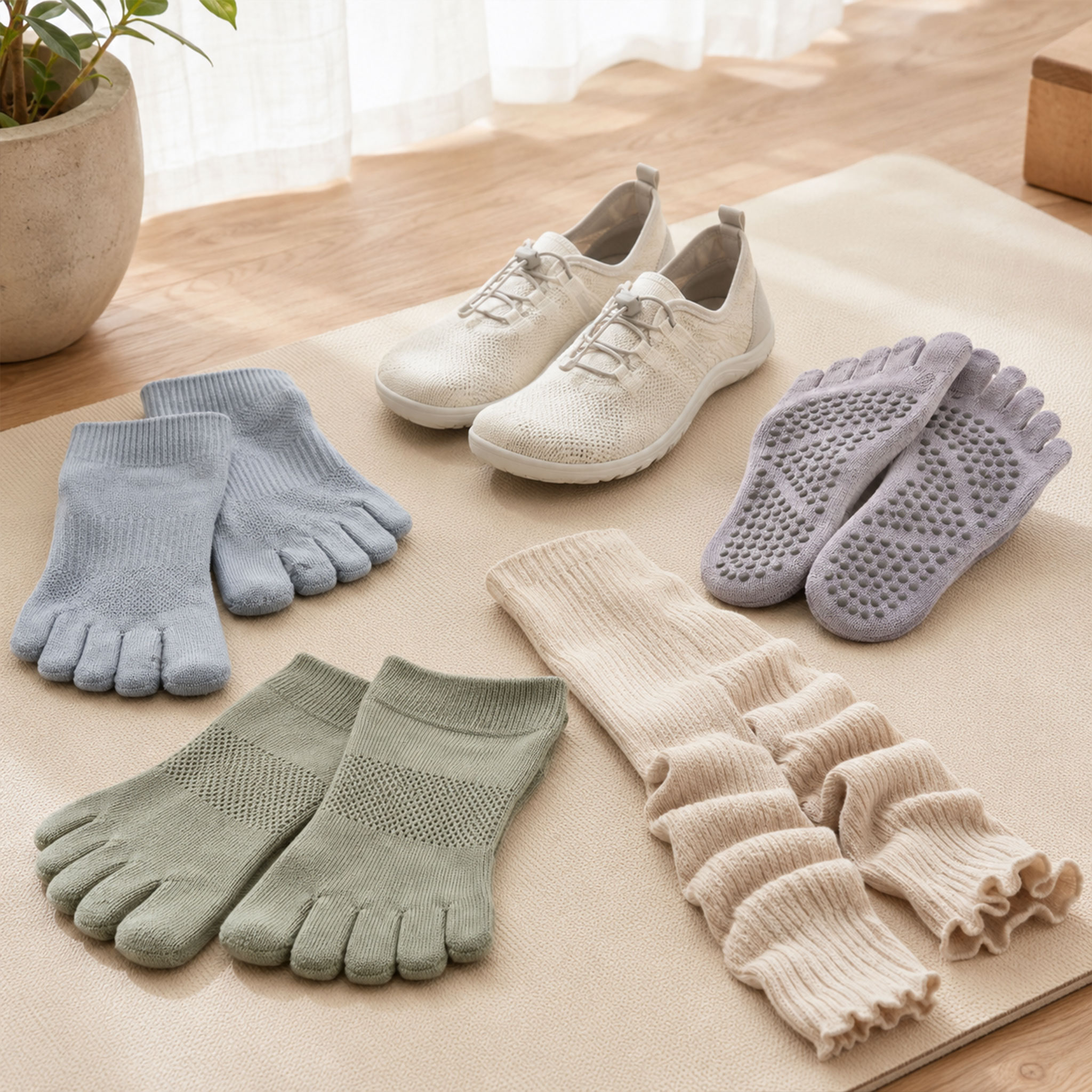 Mehrere Paar Zehensocken, rutschfeste Socken, leichte Schuhe und Beinwärmer liegen auf einer Yogamatte in einem hellen Raum.