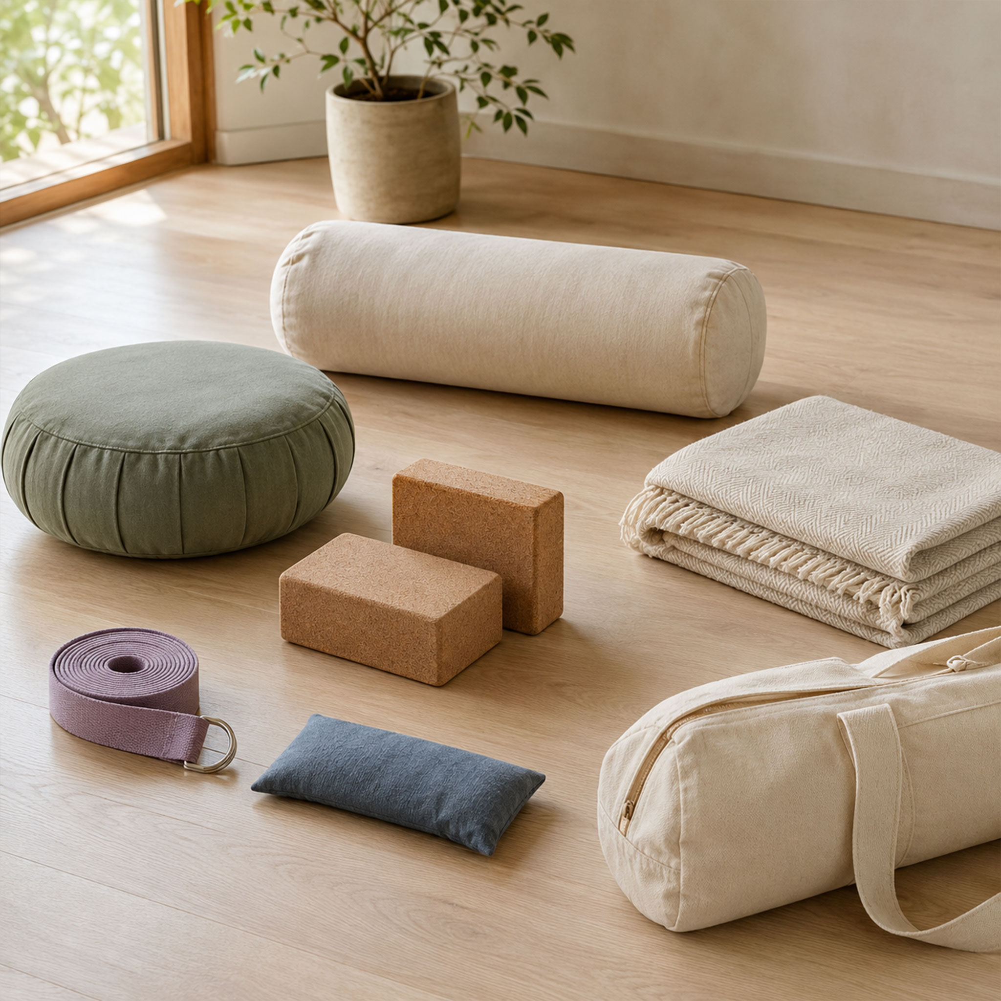 Yoga- und Meditationszubehör auf hellem Holzboden: Bolster, Sitzkissen, Yogablöcke, Gurt, Decke und Tragetasche in einem ruhigen Raum mit Pflanze.