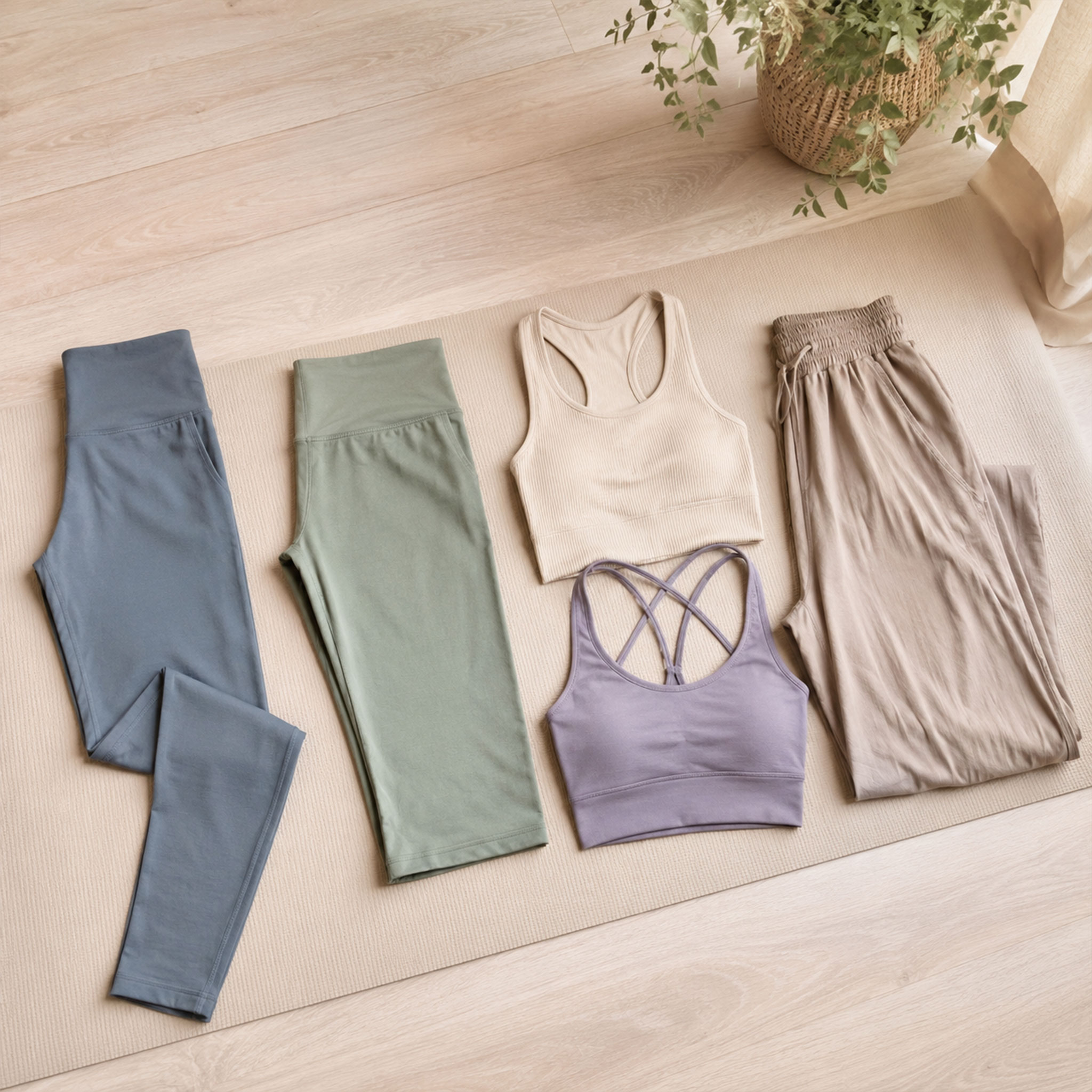 Mehrere Teile von Yoga- und Sportbekleidung, darunter Leggings, Sport-BHs und eine lockere Hose, ordentlich auf einer Trainingsmatte ausgelegt.
