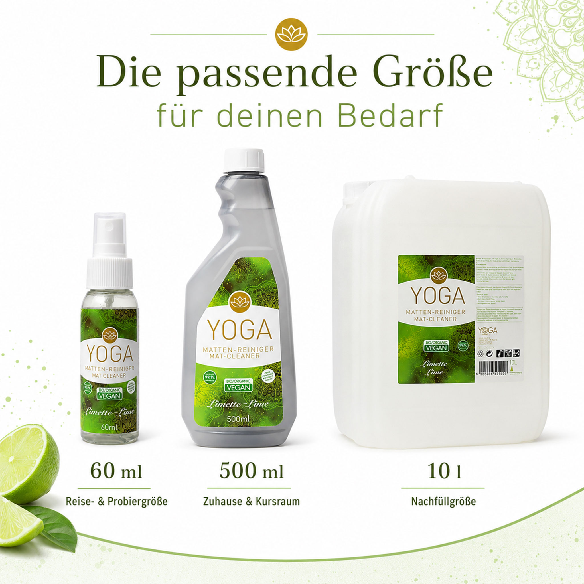 Werbegrafik für Yoga Mattenreiniger mit Limette-Lime Duft in den Größen 60 ml, 500 ml und 10 l für Reise, Zuhause und Nachfüllung