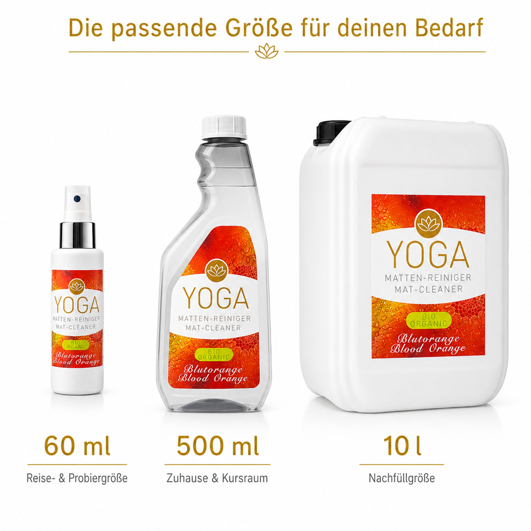 Produktübersicht eines Yoga-Mattenreinigers Bio Organic Blutorange in 60 ml Reisegröße, 500 ml Flasche und 10 l Nachfüllkanister