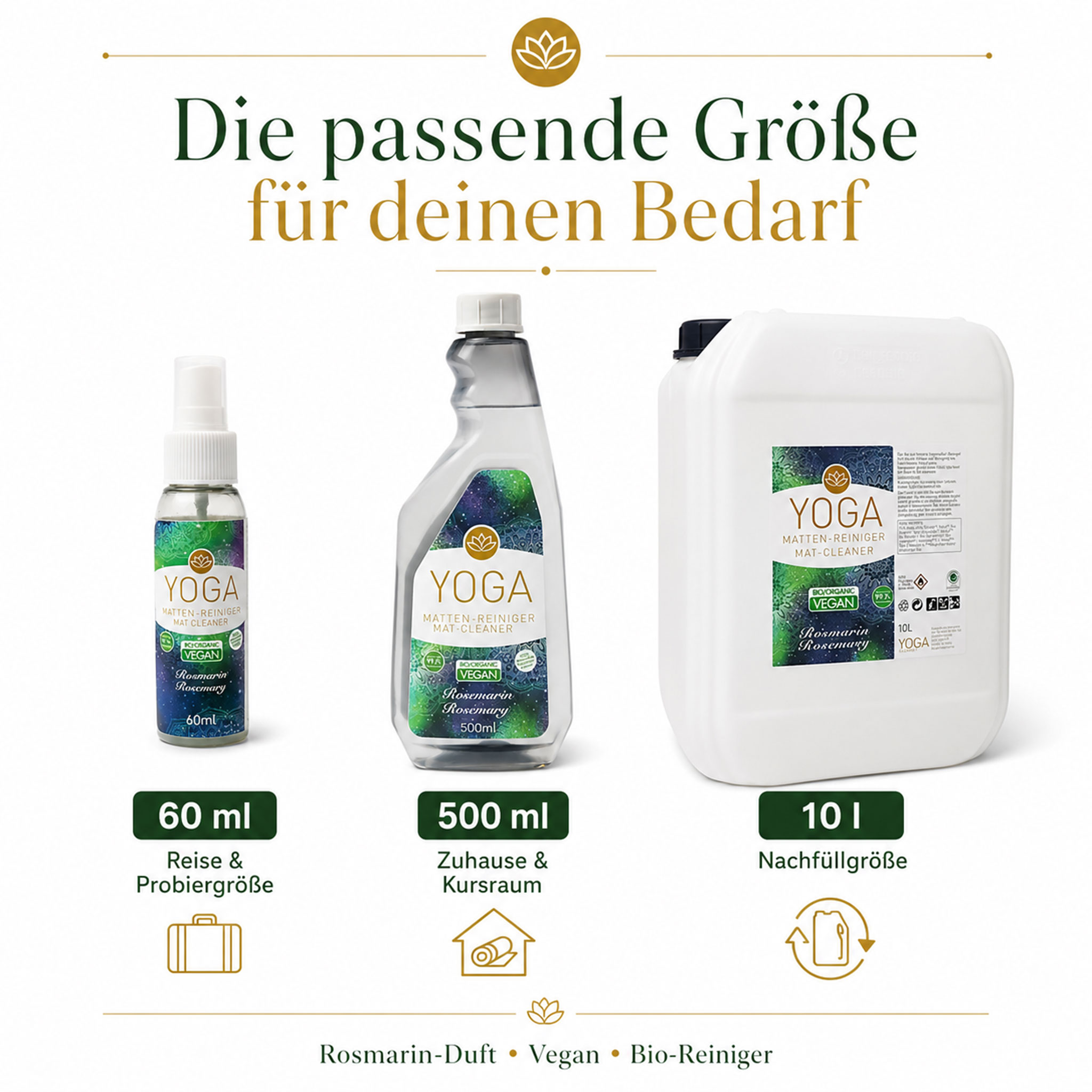 Werbegrafik für veganen Yoga-Mattenreiniger mit Rosmarin-Duft in den Größen 60 ml, 500 ml und 10 l für Reise, Zuhause und Nachfüllen.