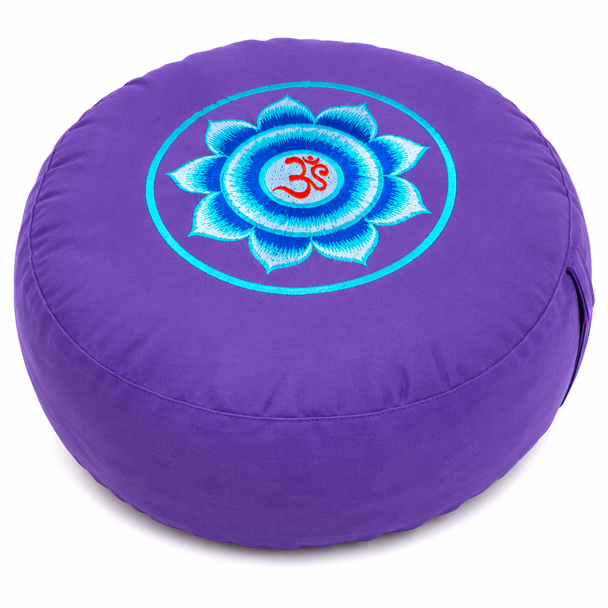 Rundes lila Meditationskissen mit aufgestickter Lotusblüte und rotem Om-Symbol in der Mitte