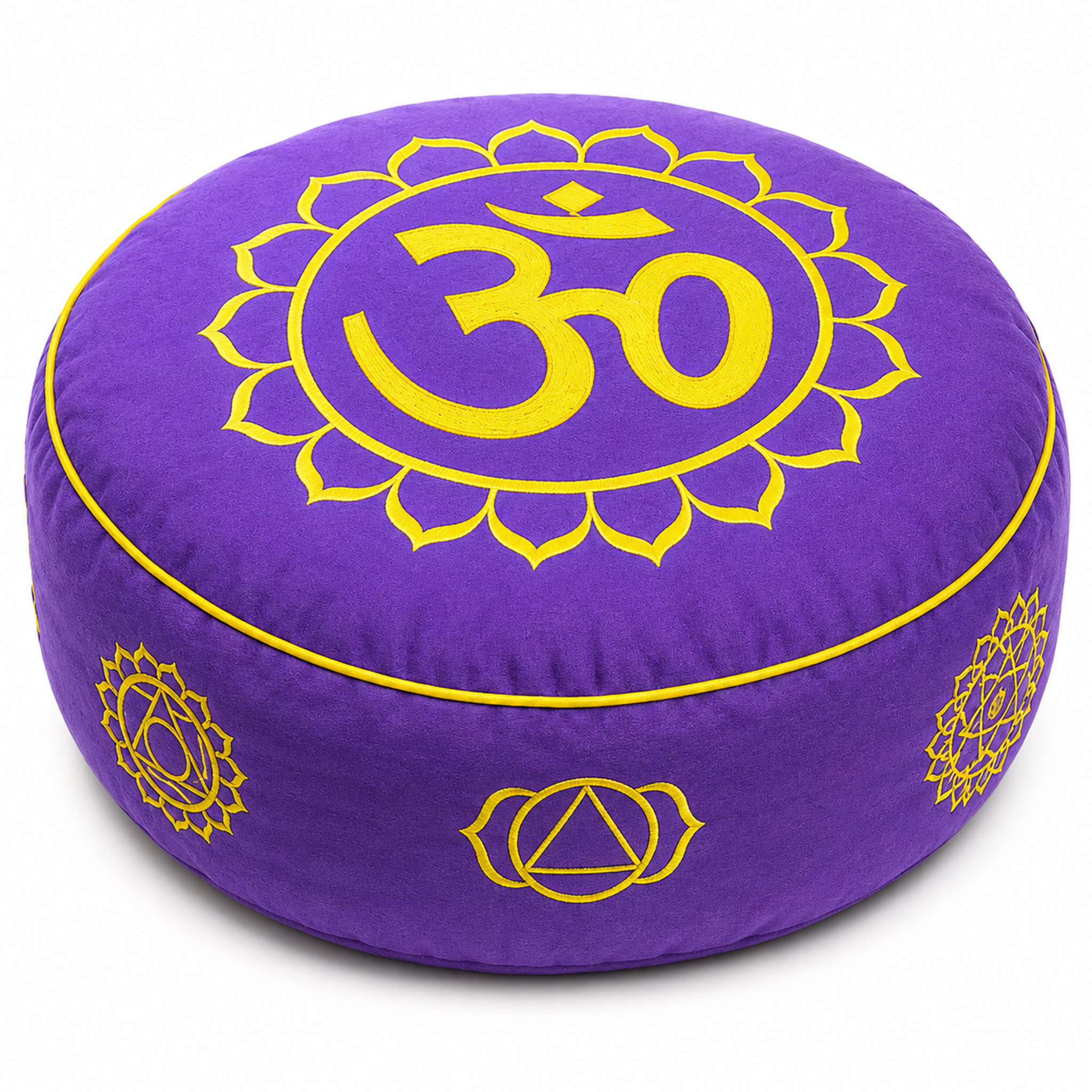 Rundes lila Meditationskissen mit goldgelbem Om-Symbol auf der Oberseite sowie Chakra-Motiven an der Seite