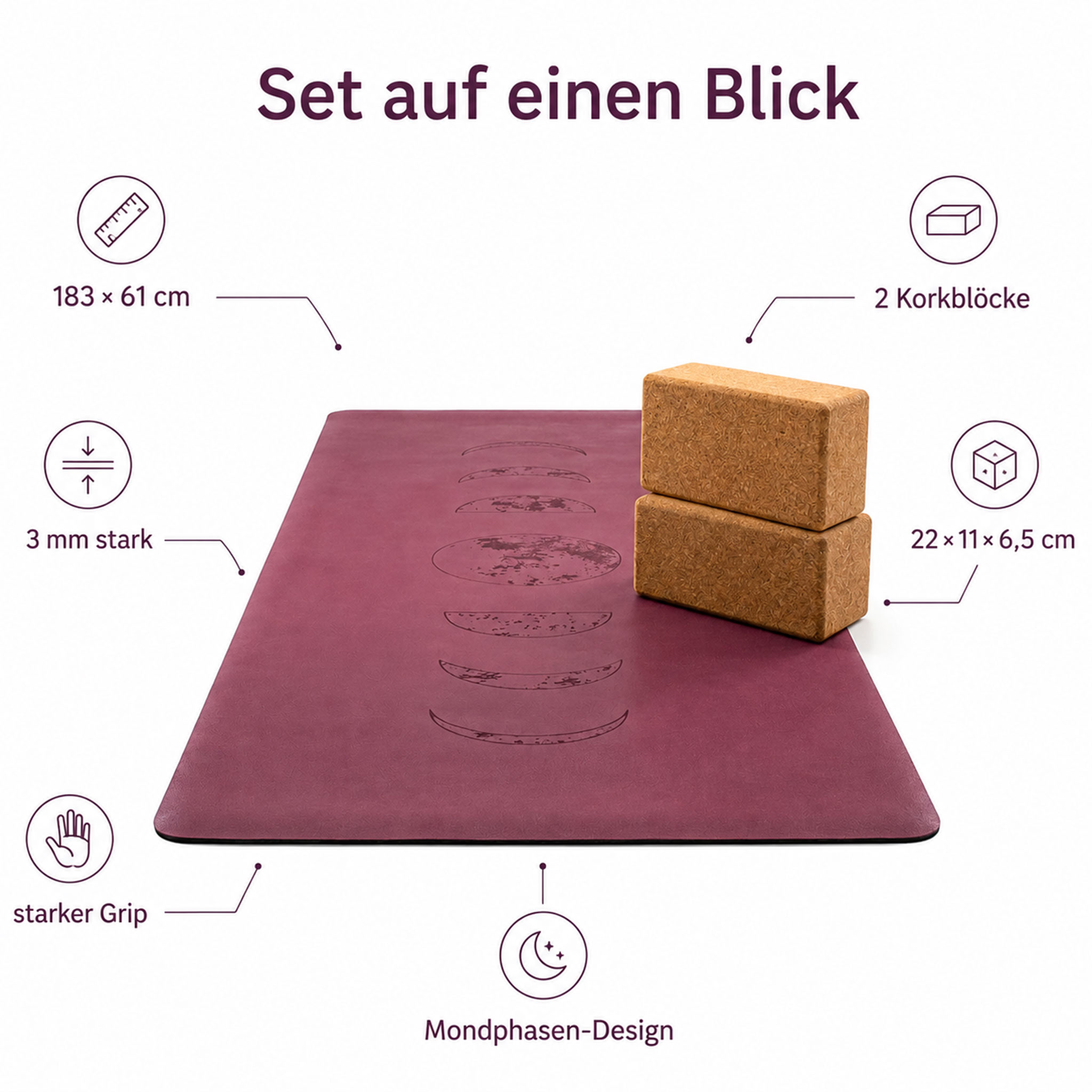 Produktübersicht eines Yogamatten-Sets in Bordeauxrot mit Mondphasen-Design, zwei Korkblöcken sowie Angaben zu Maßen, Dicke und Griffigkeit.