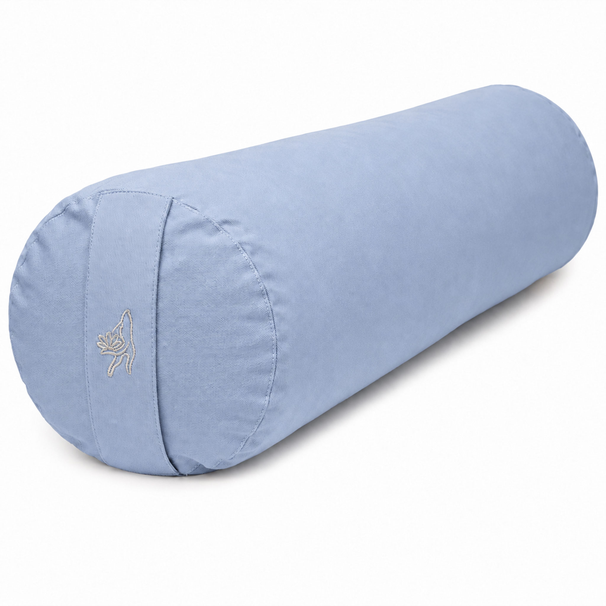 Hellblaues zylindrisches Kissen mit Stoffbezug und gesticktem Lotus-Motiv auf weißem Hintergrund