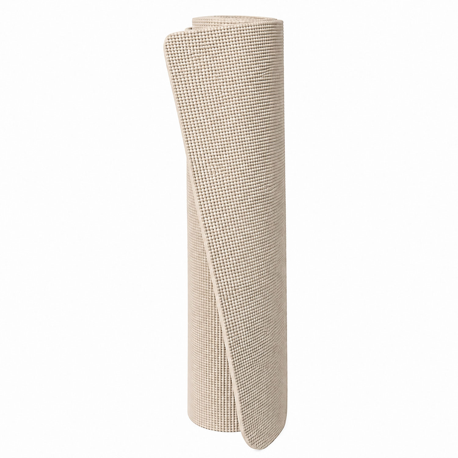 Beige Yogamatte mit strukturierter Oberfläche, aufgerollt vor hellem Hintergrund