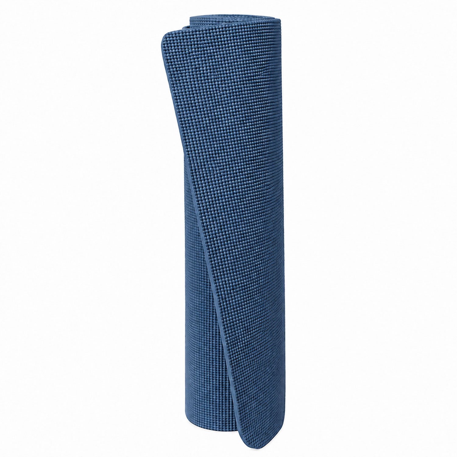 Eine aufgerollte blaue Yogamatte mit strukturierter Oberfläche vor hellem Hintergrund
