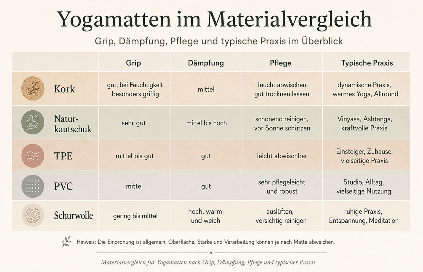 Infografik zum Vergleich von Yogamatten aus Kork, Naturkautschuk, TPE, PVC und Schurwolle nach Grip, Dämpfung und Pflege