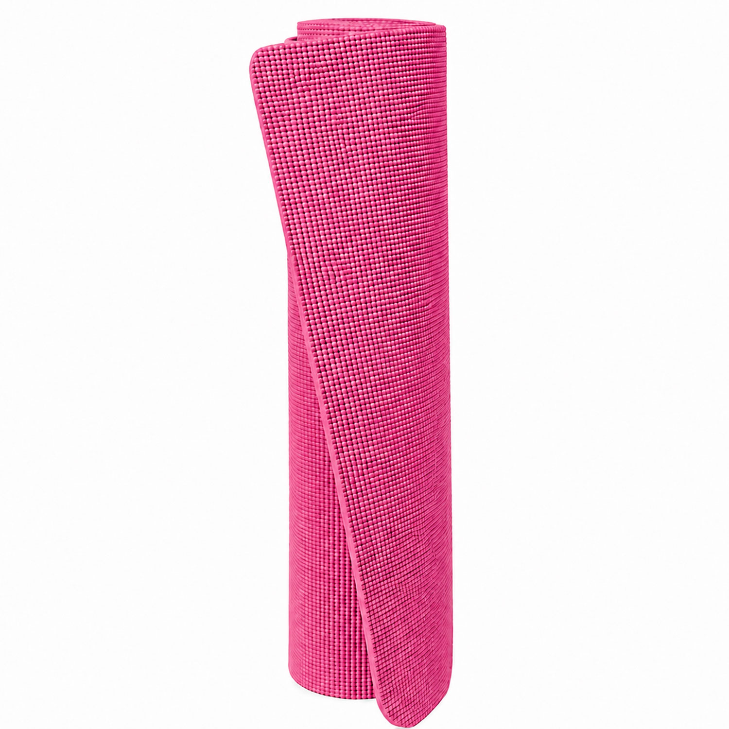 Aufgerollte pinke Yogamatte mit strukturierter Oberfläche vor hellem Hintergrund