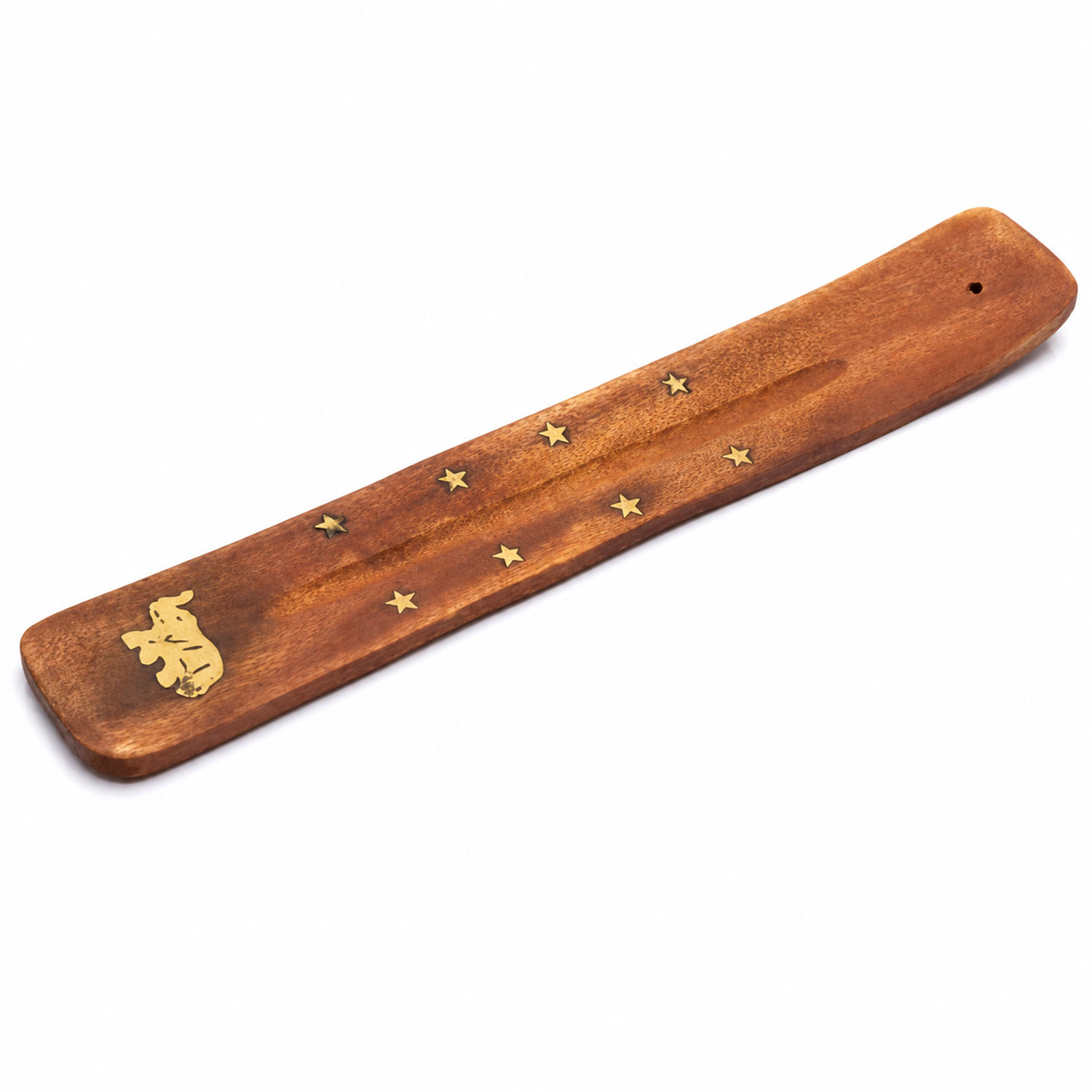 Langer Räucherstäbchenhalter aus Holz mit eingelegten Sternen und Eulenmotiv auf hellem Hintergrund