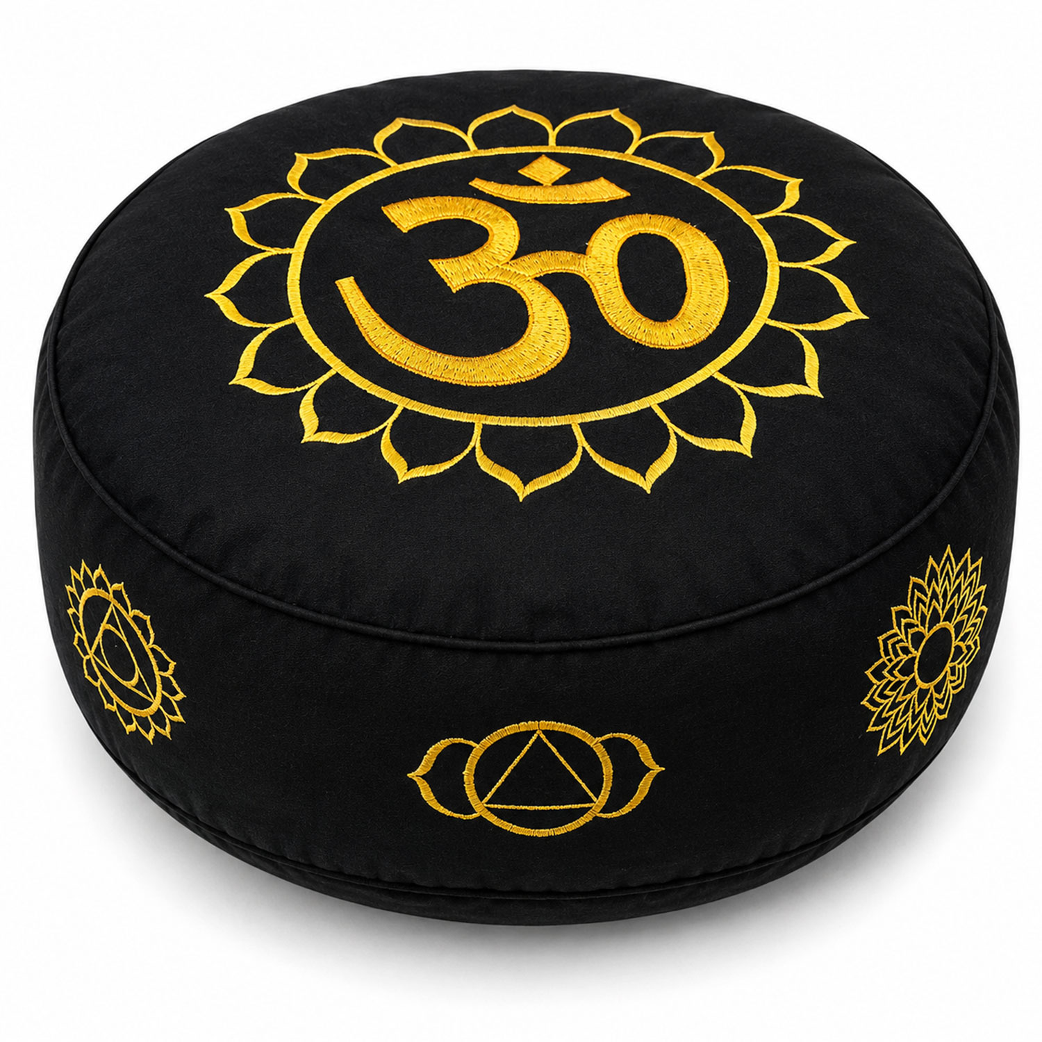 Meditationskissen 7 Chakren OM Ø 33 cm – Schwarz/Gold