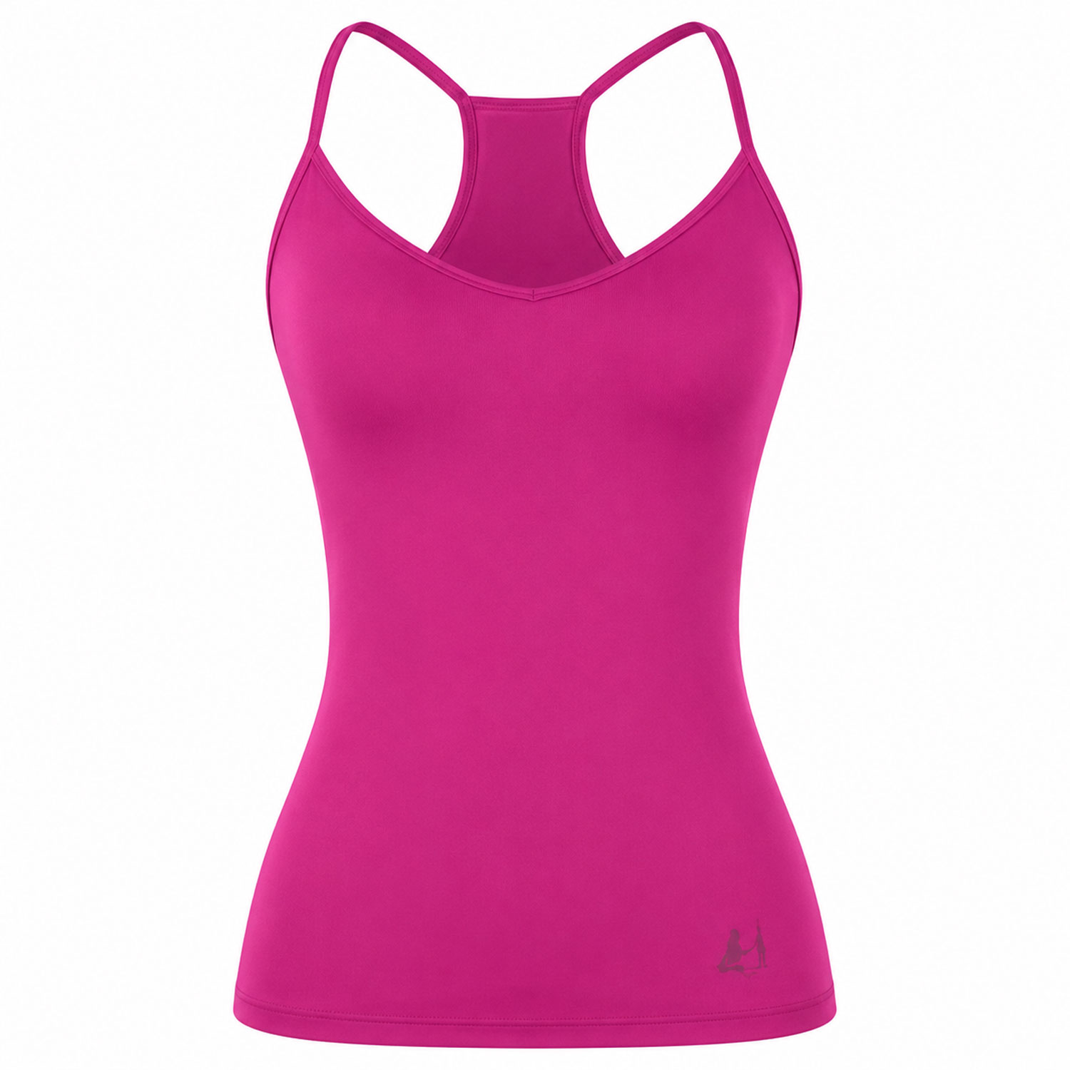 Ärmelloses pinkes Sport-Top mit schmalen Trägern und Racerback-Rückenansicht auf hellem Hintergrund.