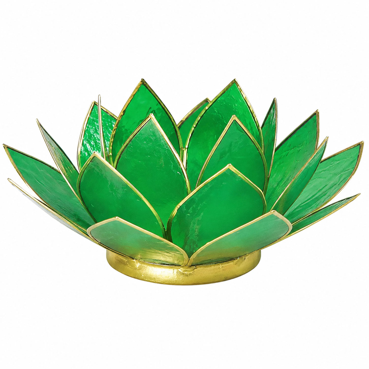Dekorativer Teelichthalter in Form einer grünen Lotusblüte mit goldfarbenen Kanten und rundem goldfarbenem Sockel vor weißem Hintergrund.