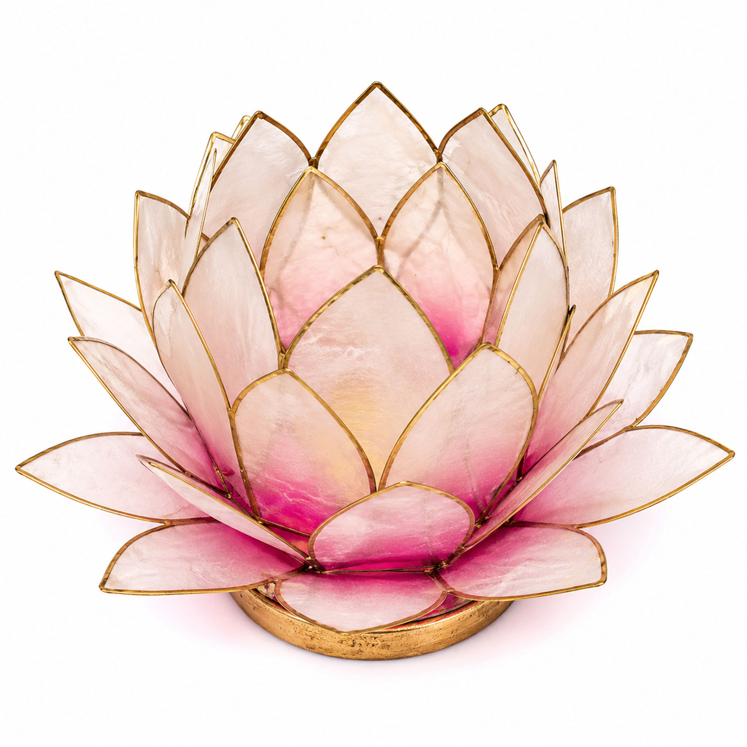 Dekorative Lampe in Form einer Lotusblüte mit halbtransparenten rosa Perlmuttblättern und goldfarbenen Metallkanten auf rundem Sockel vor weißem Hintergrund.