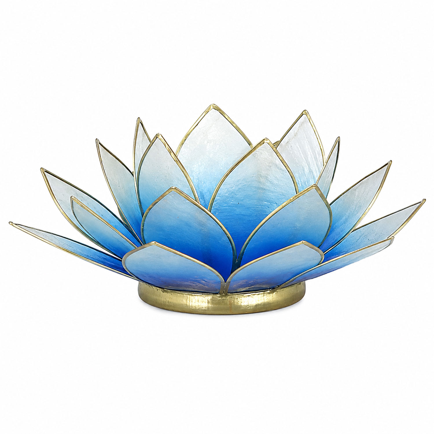 Dekoratives Objekt in Form einer Lotusblüte mit blauen Glasblättern und goldenem Sockel vor weißem Hintergrund.