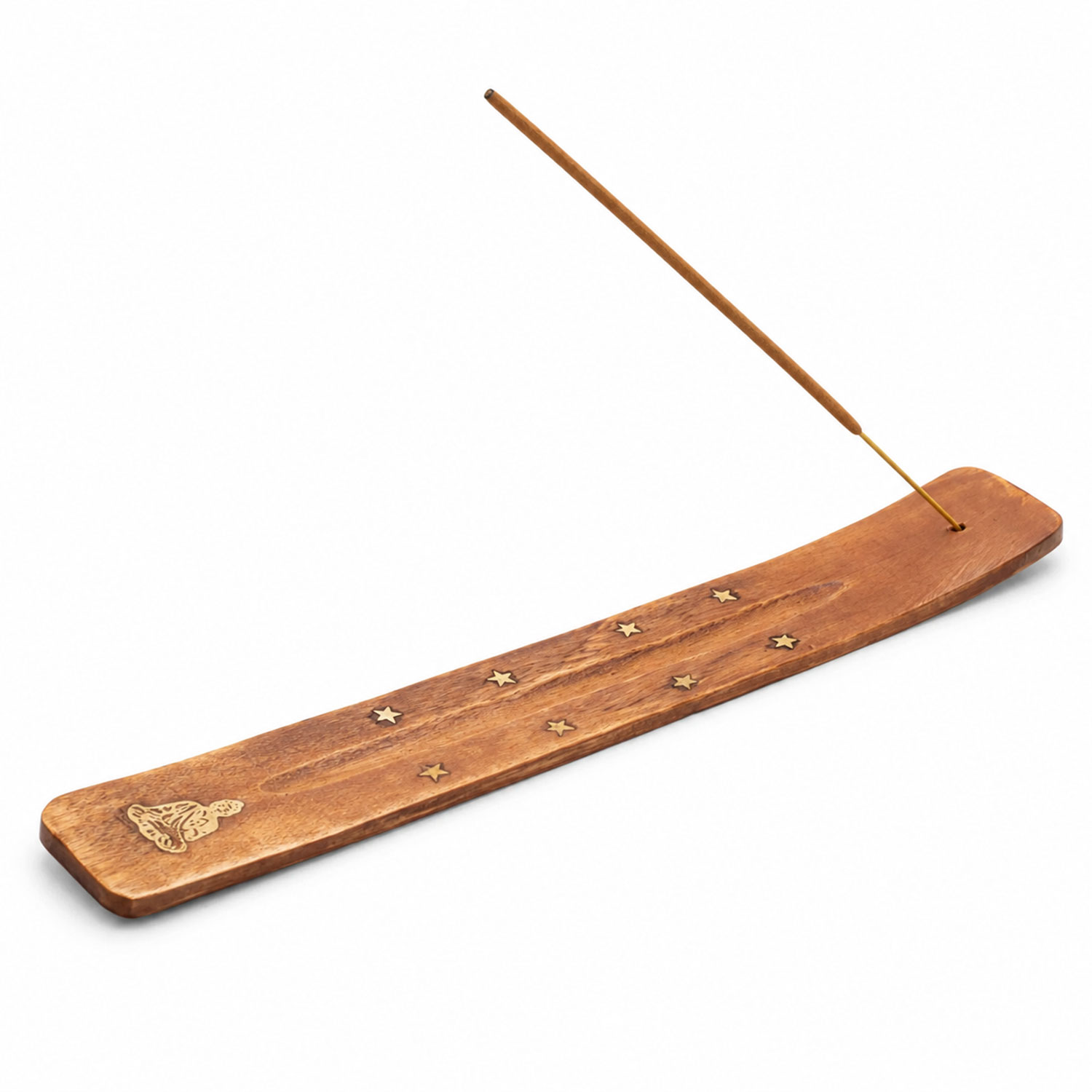 Holz-Räucherstäbchenhalter mit eingelegten Sternen, Schmetterlingsmotiv und eingestecktem Räucherstäbchen auf hellem Hintergrund