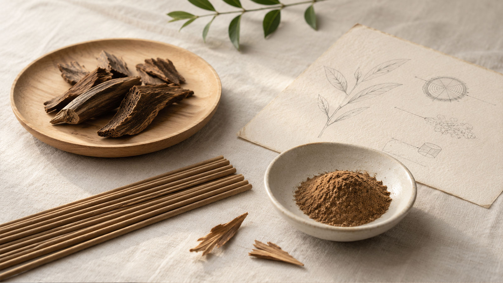 Räucherstäbchen mit Holzspänen und botanischen Notizen zu Agarholz und Sandelholz auf ruhiger Naturunterlage