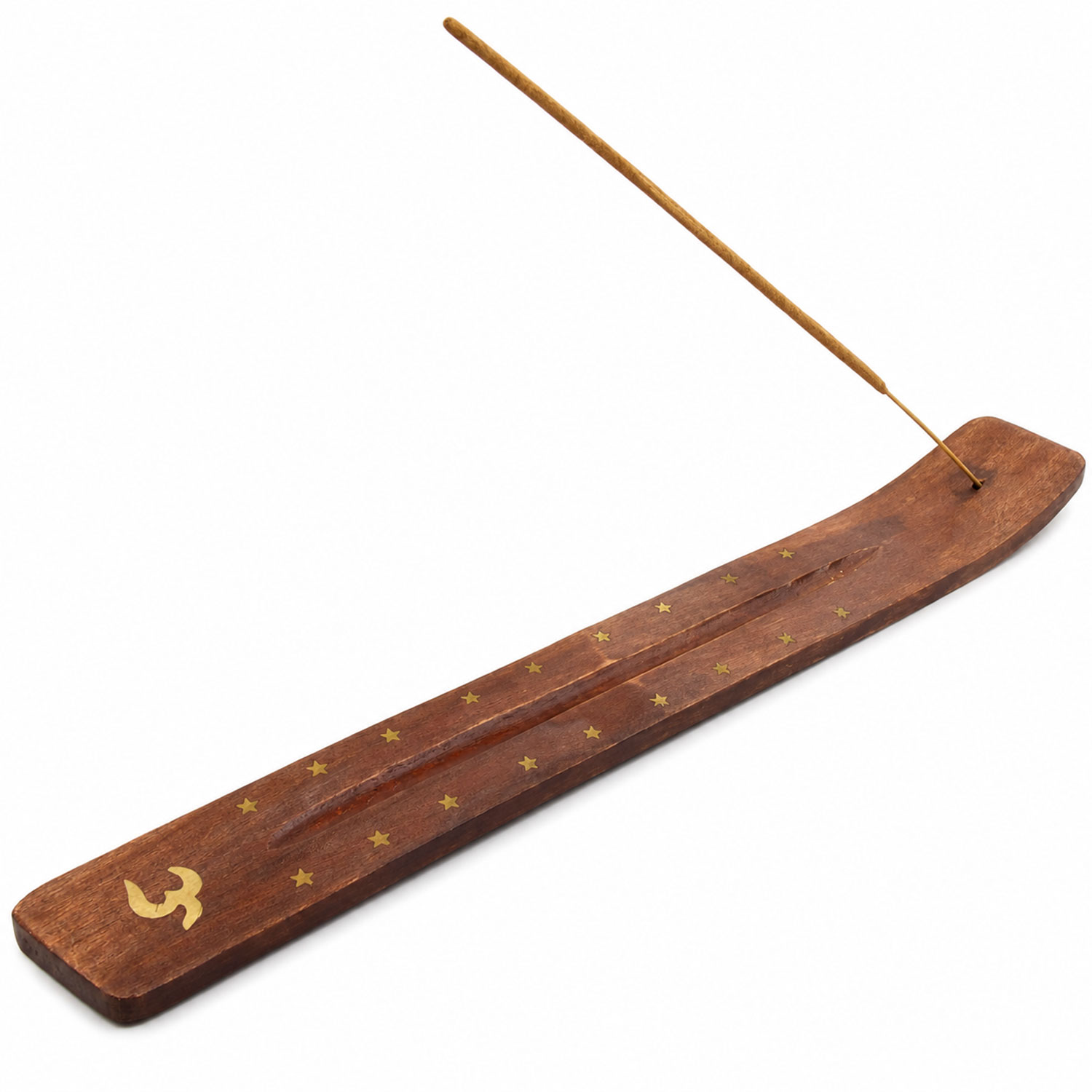 Brauner Räucherstäbchenhalter aus Holz mit Sternverzierung und eingestecktem Räucherstäbchen auf hellem Hintergrund.