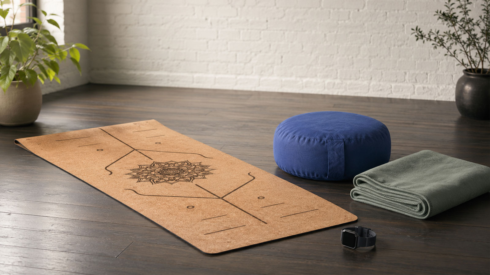 Yogamatte mit abgelegter Smartwatch, Meditationskissen und ruhiger Umgebung als Symbol für Datenschutz beim Yoga