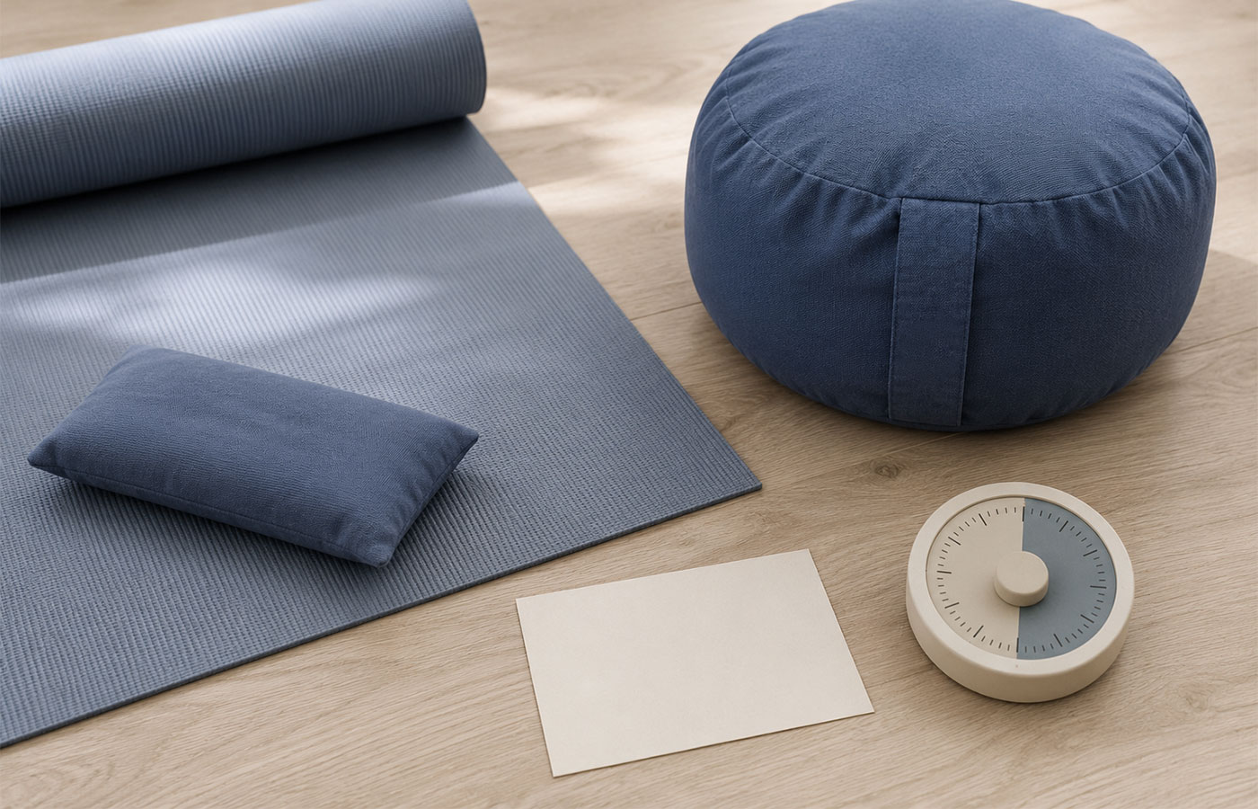 Datensparsame Yoga-Praxis mit einfachem Timer, leerer Notizkarte, Yogamatte und Augenkissen