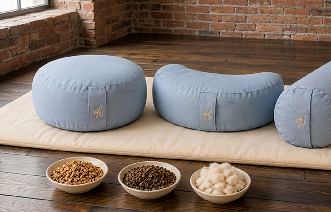 Vergleich von Sitzhöhe und Füllung bei rundem Meditationskissen, Halbmondkissen und Bolster