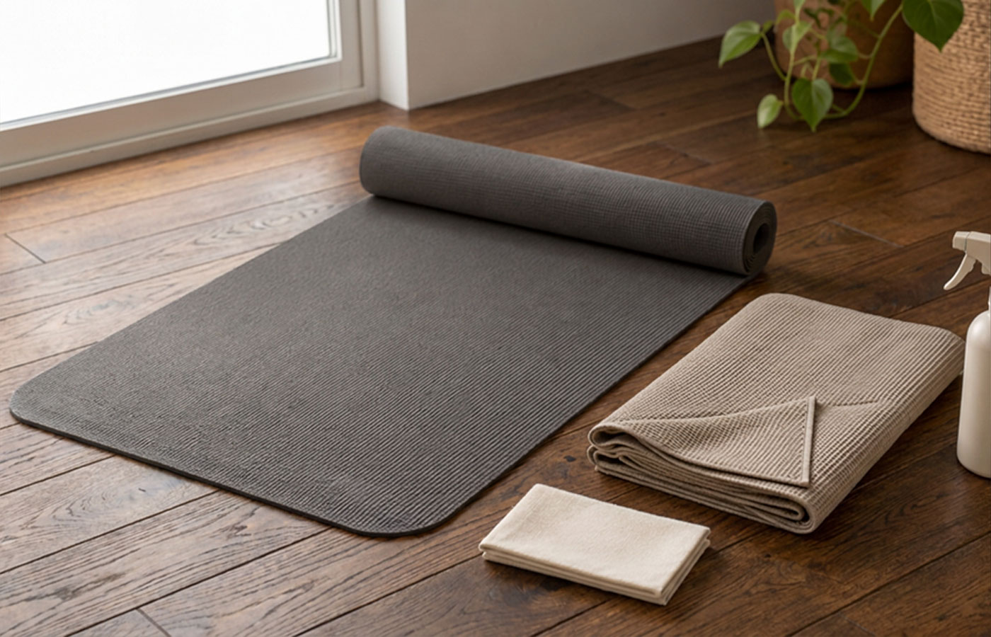 Yogatuch, Yogamatten-Reiniger und ausgerollte Matte zur Pflege nach schweißintensiver Praxis