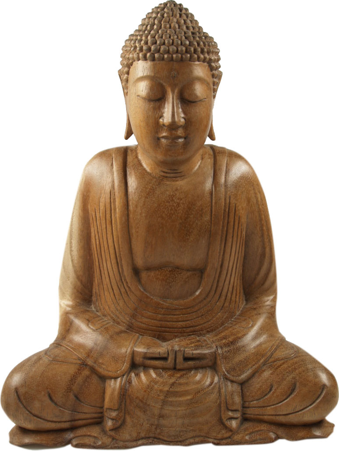 Frontansicht einer geschnitzten Buddha-Statue aus Holz in sitzender Meditationshaltung mit geschlossenen Augen vor weißem Hintergrund.