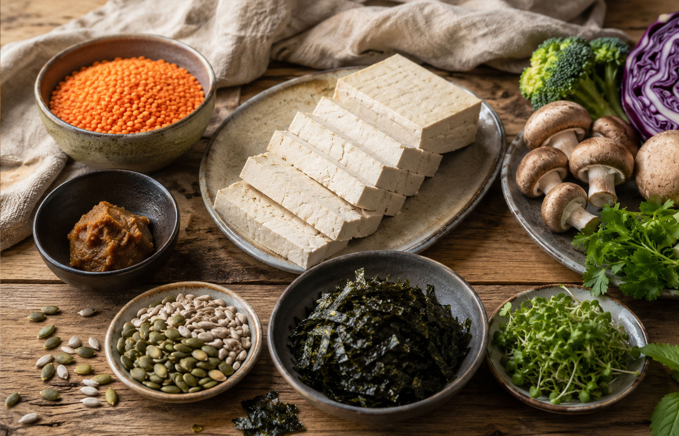 Tofu, Linsen, Nori, Miso und Gemüse als Bausteine für vegane Yogisan-Rezepte