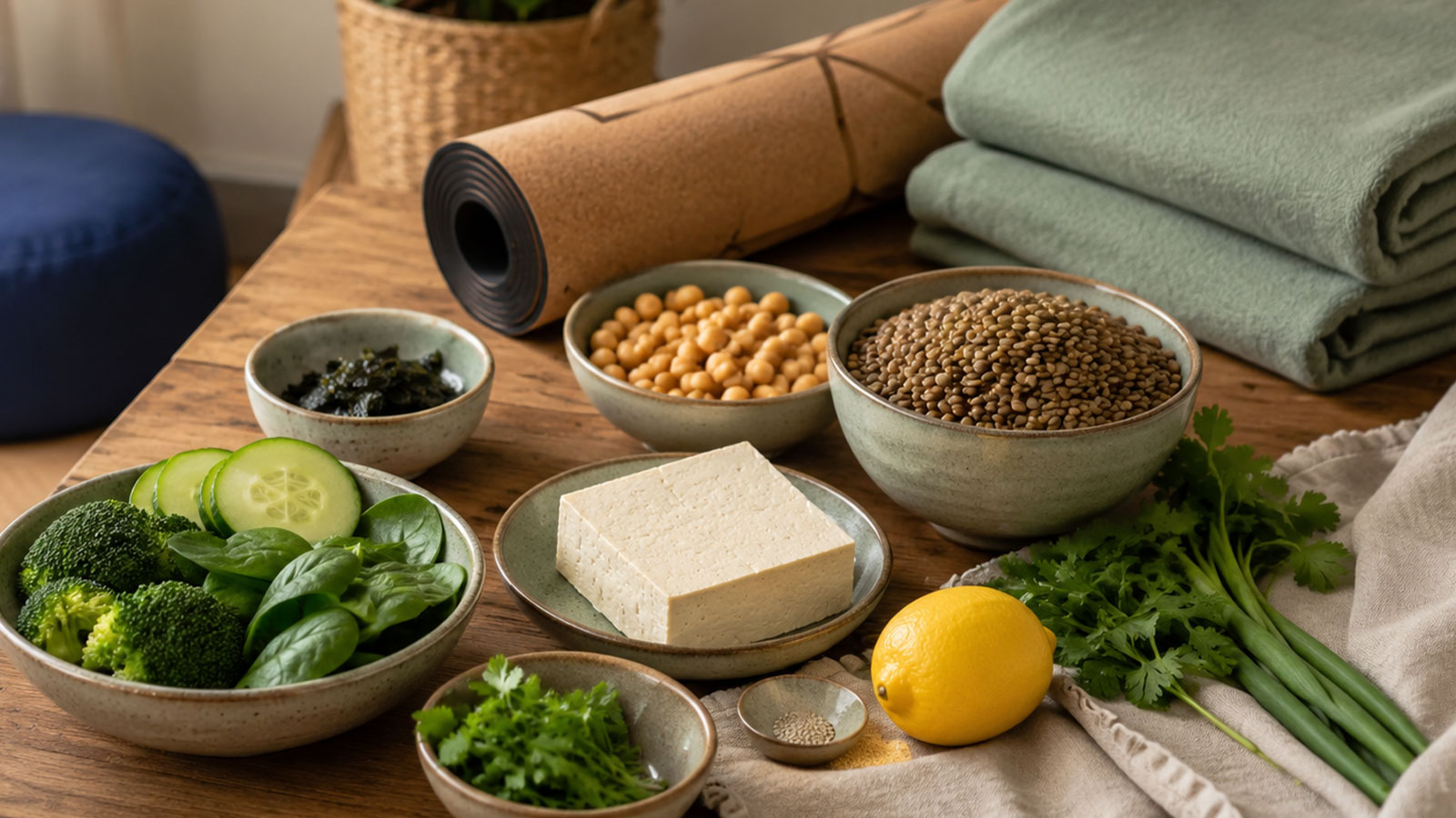 Vegane Zutaten mit Yogamatte und Meditationskissen als Symbol für Ahimsa auf dem Teller