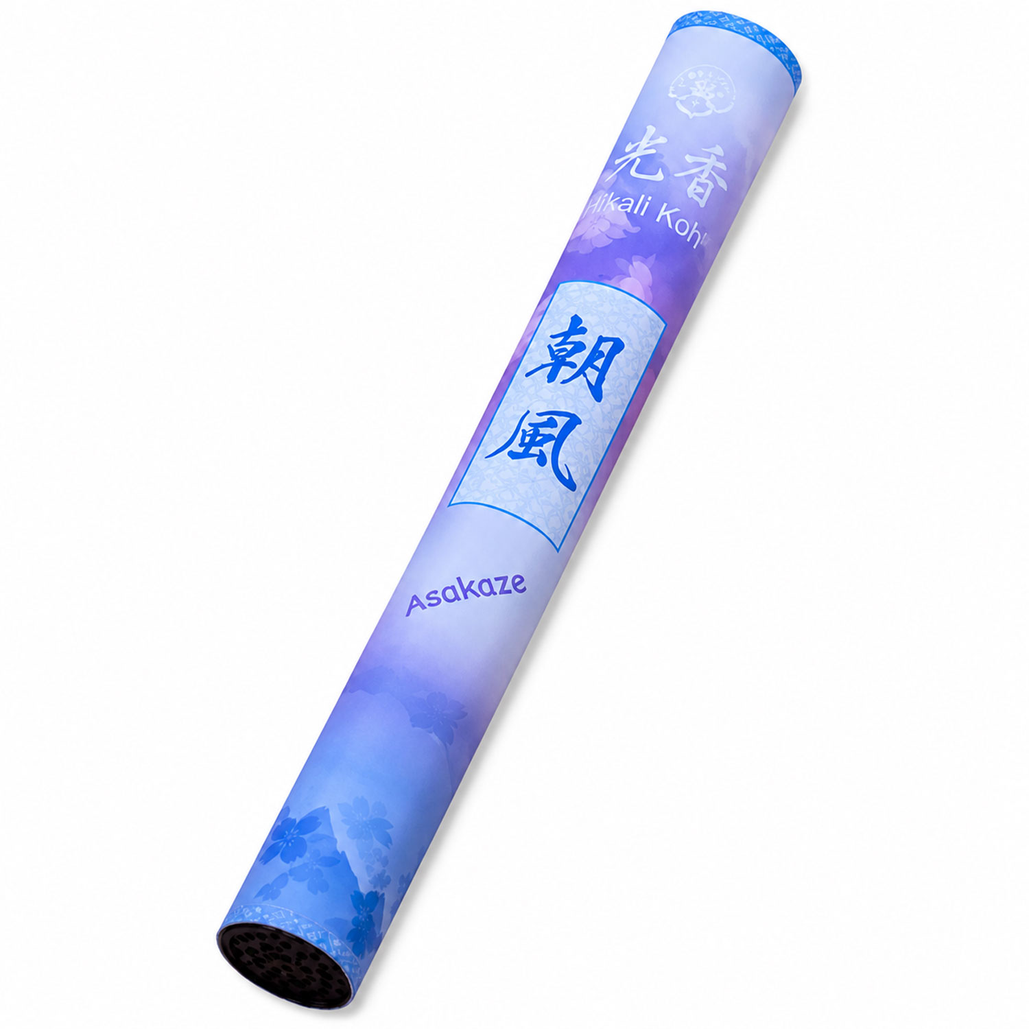 Zylindrische Verpackung für japanische Räucherstäbchen mit blau-violettem Farbverlauf, Kirschblütenmotiv sowie den Aufschriften „Asakaze“ und japanischen Schriftzeichen.