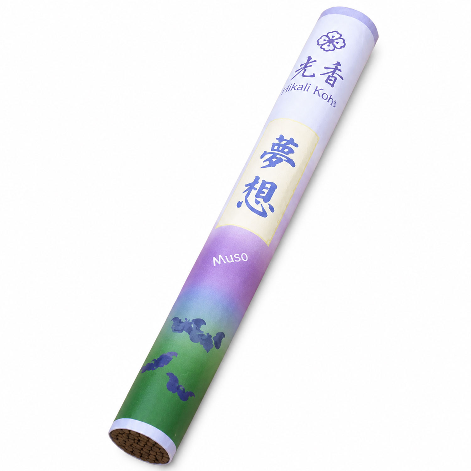 Schmale zylindrische Verpackung mit japanischer Beschriftung und der Aufschrift „Hikali Kohs“ sowie „Muso“, in Farbverlauf von Lila zu Grün auf weißem Hintergrund.