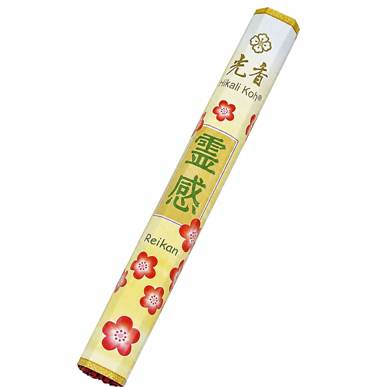 Schmale Verpackung japanischer Räucherstäbchen mit roten Blüten, japanischen Schriftzeichen sowie den Aufschriften „Hikali Koh®“ und „ReiKan“ vor weißem Hintergrund.