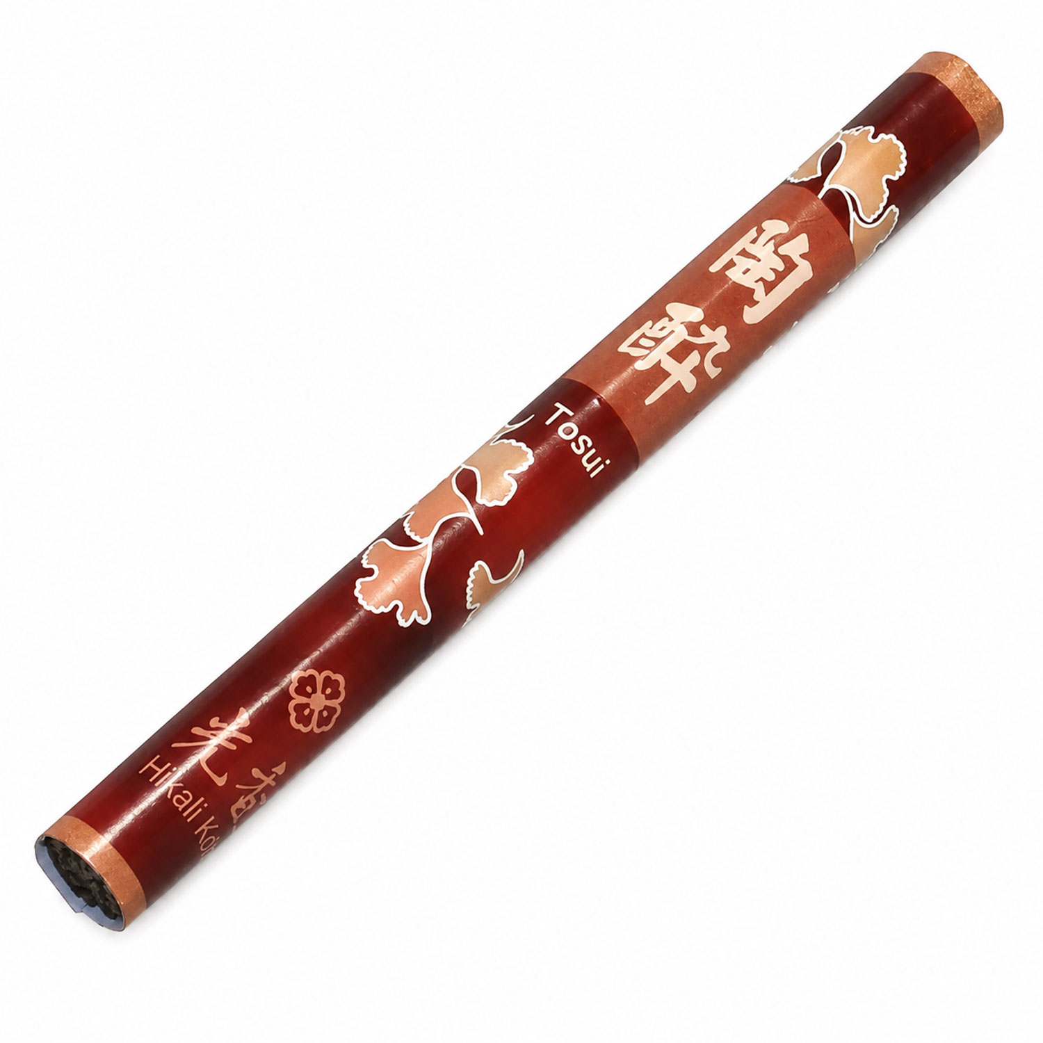 Brauner japanischer Räucherstab mit floralen Verzierungen und japanischen Schriftzeichen auf weißem Hintergrund.