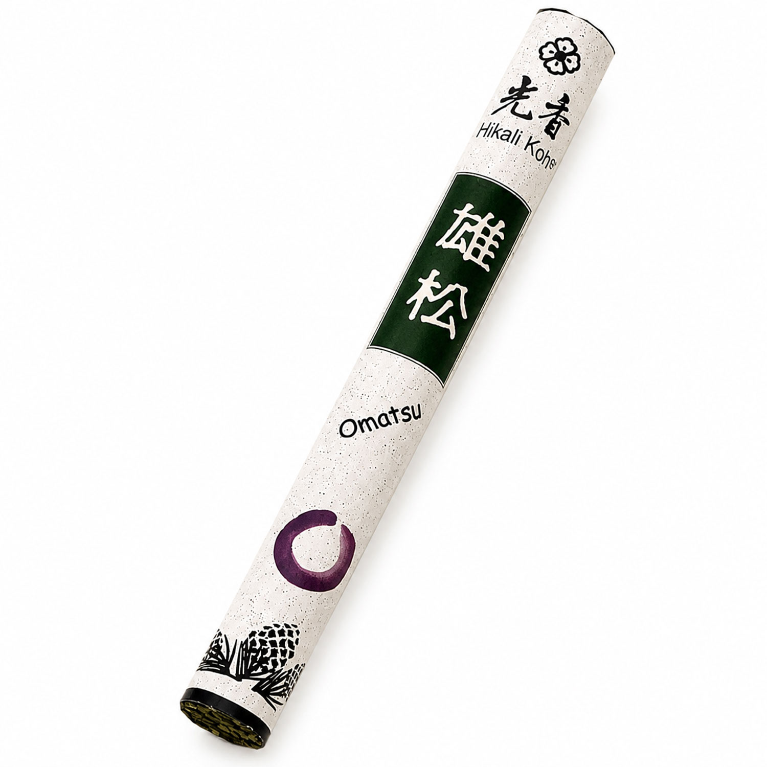 Weiße, zylindrische Verpackung japanischer Räucherstäbchen mit der Aufschrift „Hikali-Koh“, „Omatsu“ sowie japanischen Schriftzeichen auf weißem Hintergrund.