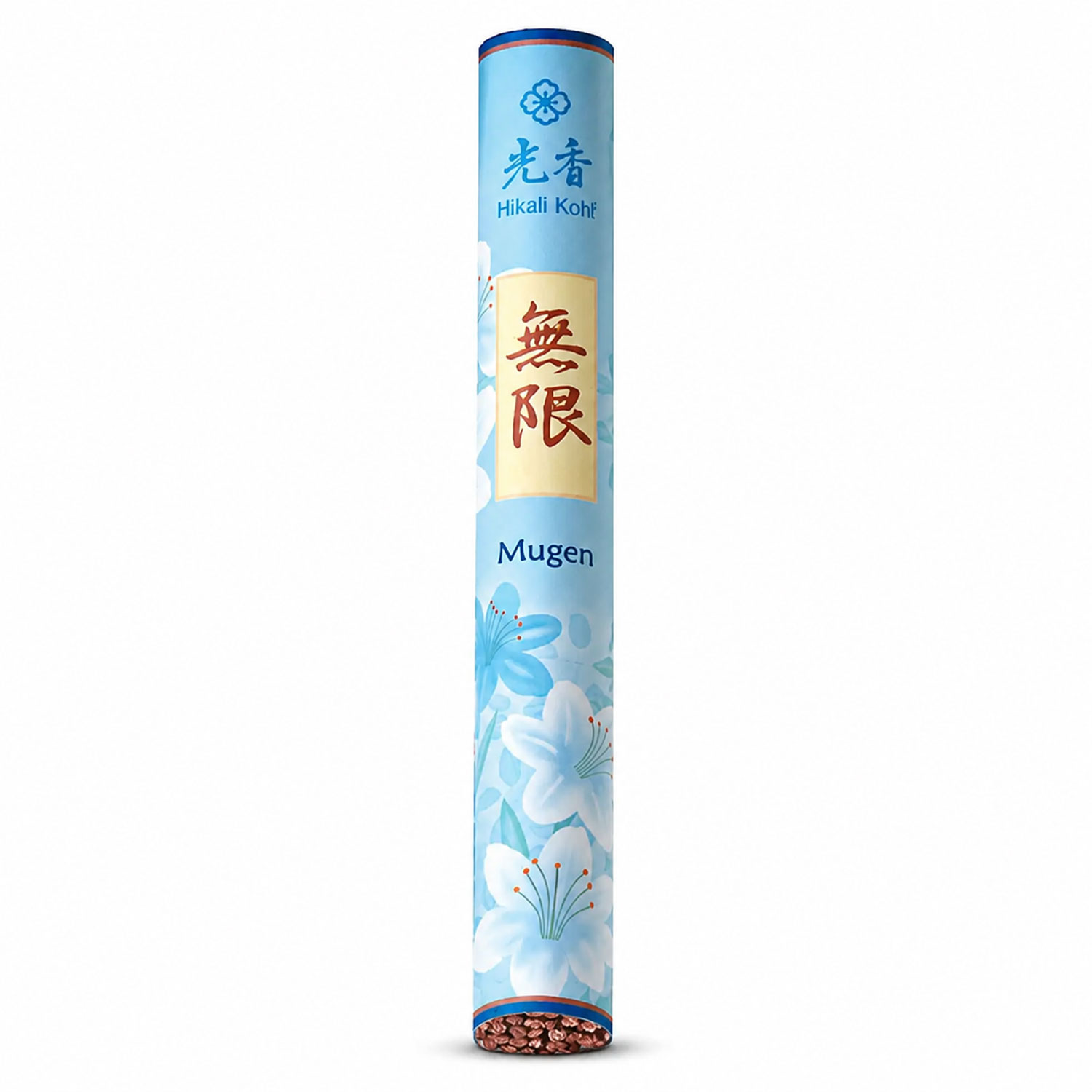 Zylindrische, hellblaue Verpackung mit Blumenmotiv sowie den Aufschriften „Hikali Koh“ und „Mugen“ vor weißem Hintergrund.
