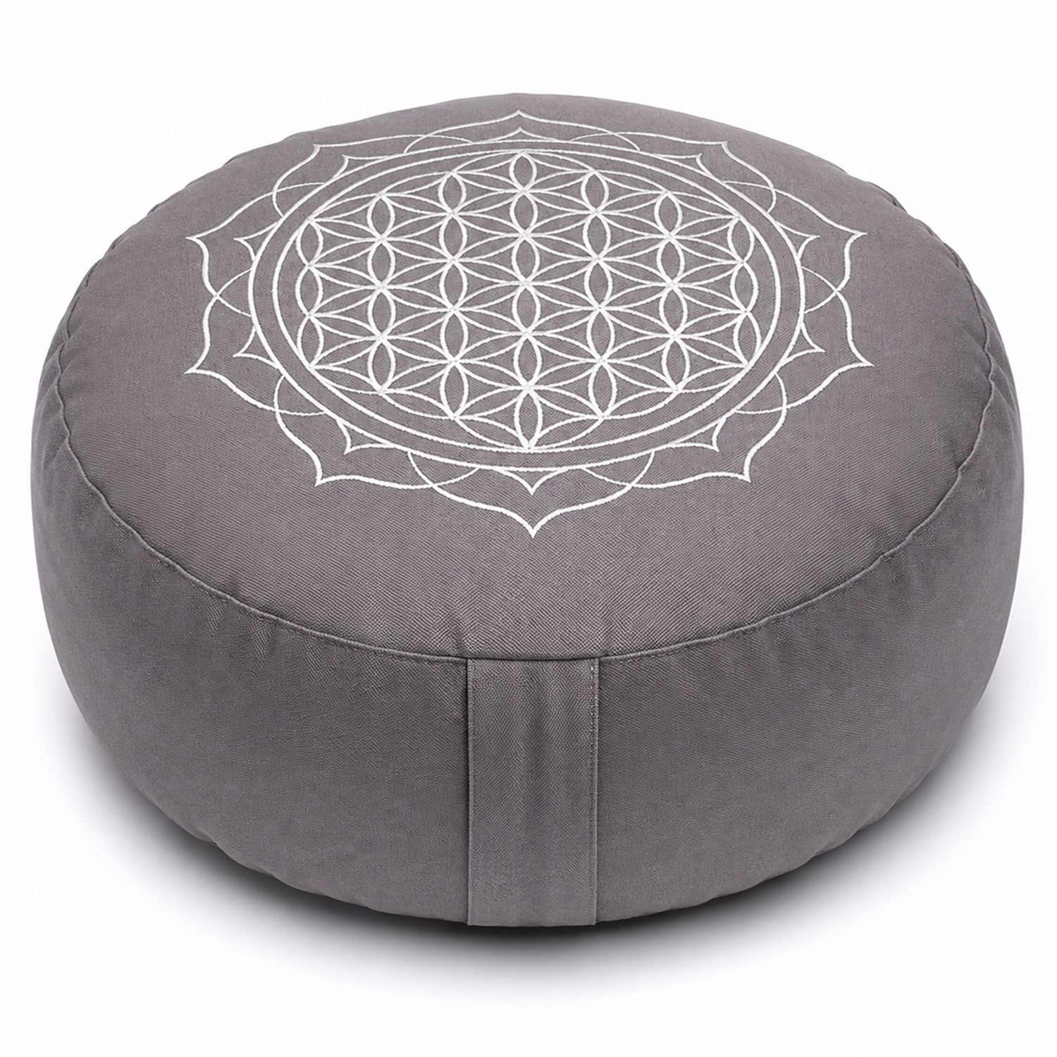 Rundes graues Meditationskissen mit weißem geometrischem Mandala- beziehungsweise Blume-des-Lebens-Muster auf der Oberseite vor weißem Hintergrund.