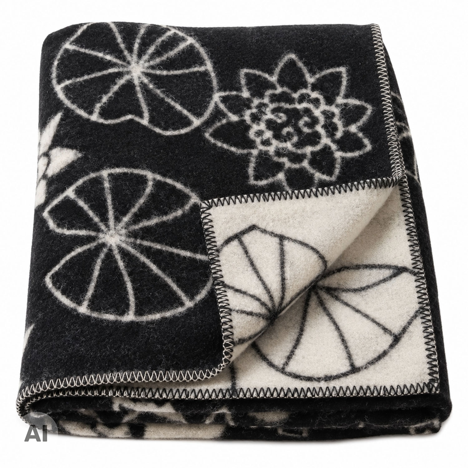 Schwarz-weiße, gefaltete Decke mit stilisierten Blumen- und Blättermotiven sowie kontrastierender Rückseite und Ziernaht am Rand.