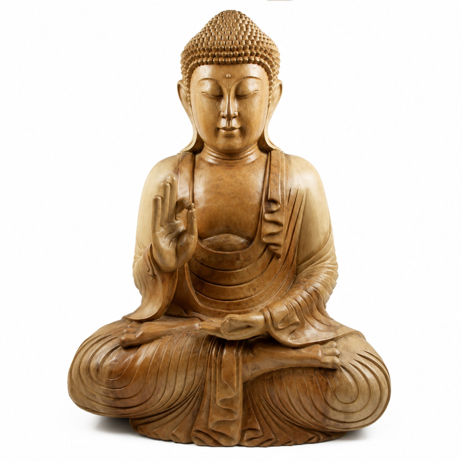 Handgeschnitzter Holzbuddha aus Suarholz mit erhobener rechter Hand in Vitarka Mudra