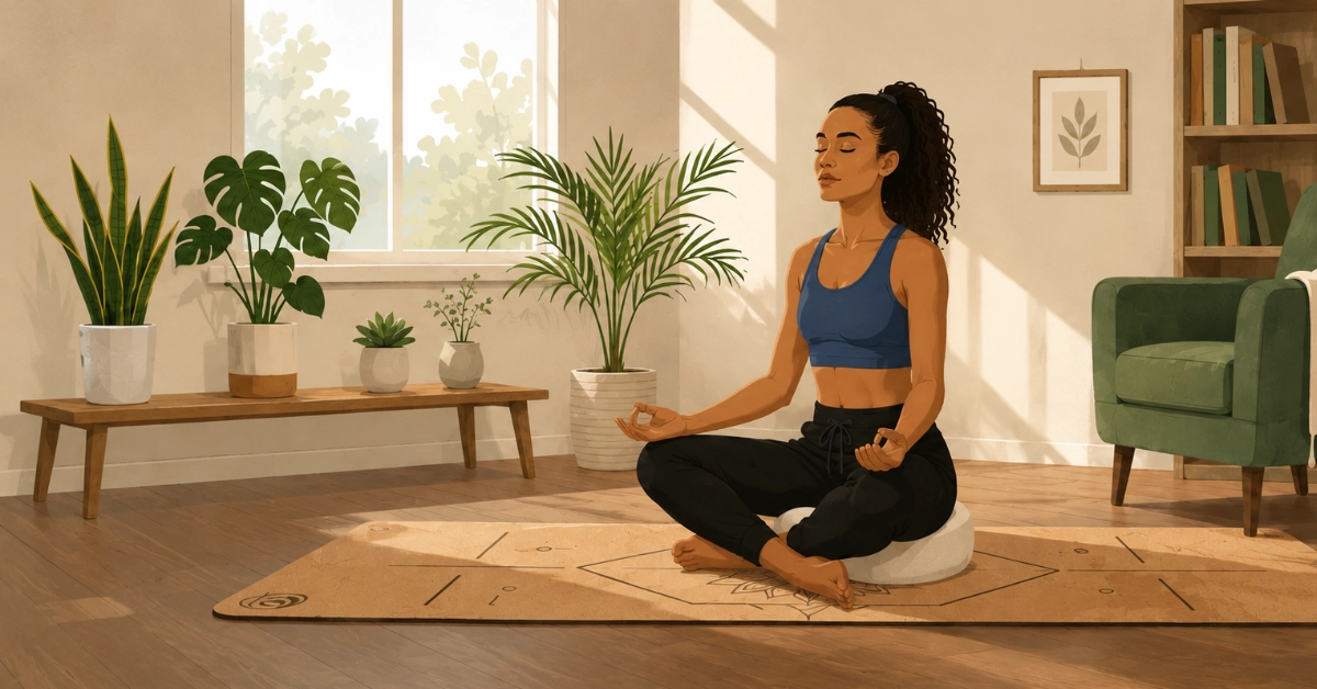 Illustration einer Yogapraxis auf einer Kork-Yogamatte in einem hellen Raum