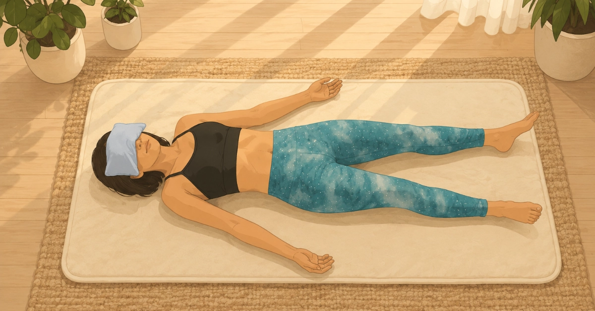 Illustration einer Frau in Savasana auf einer weichen Schurwoll-Yogamatte mit Augenkissen