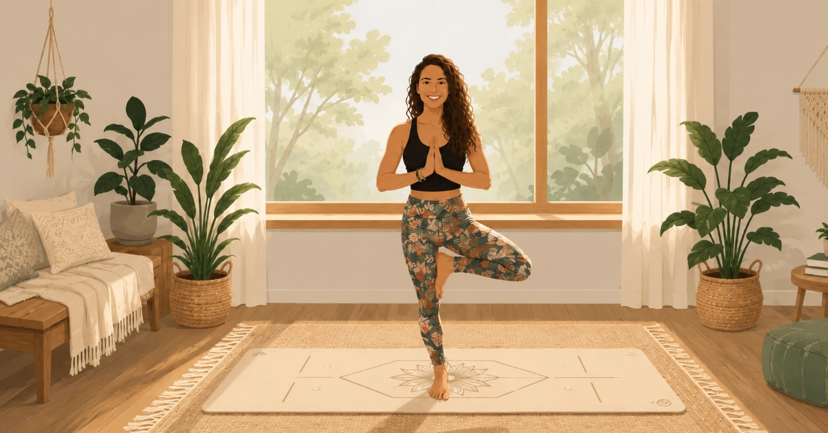 Illustration einer Yogini im Baum auf einer textilen Yogaunterlage in einem hellen Wohnraum