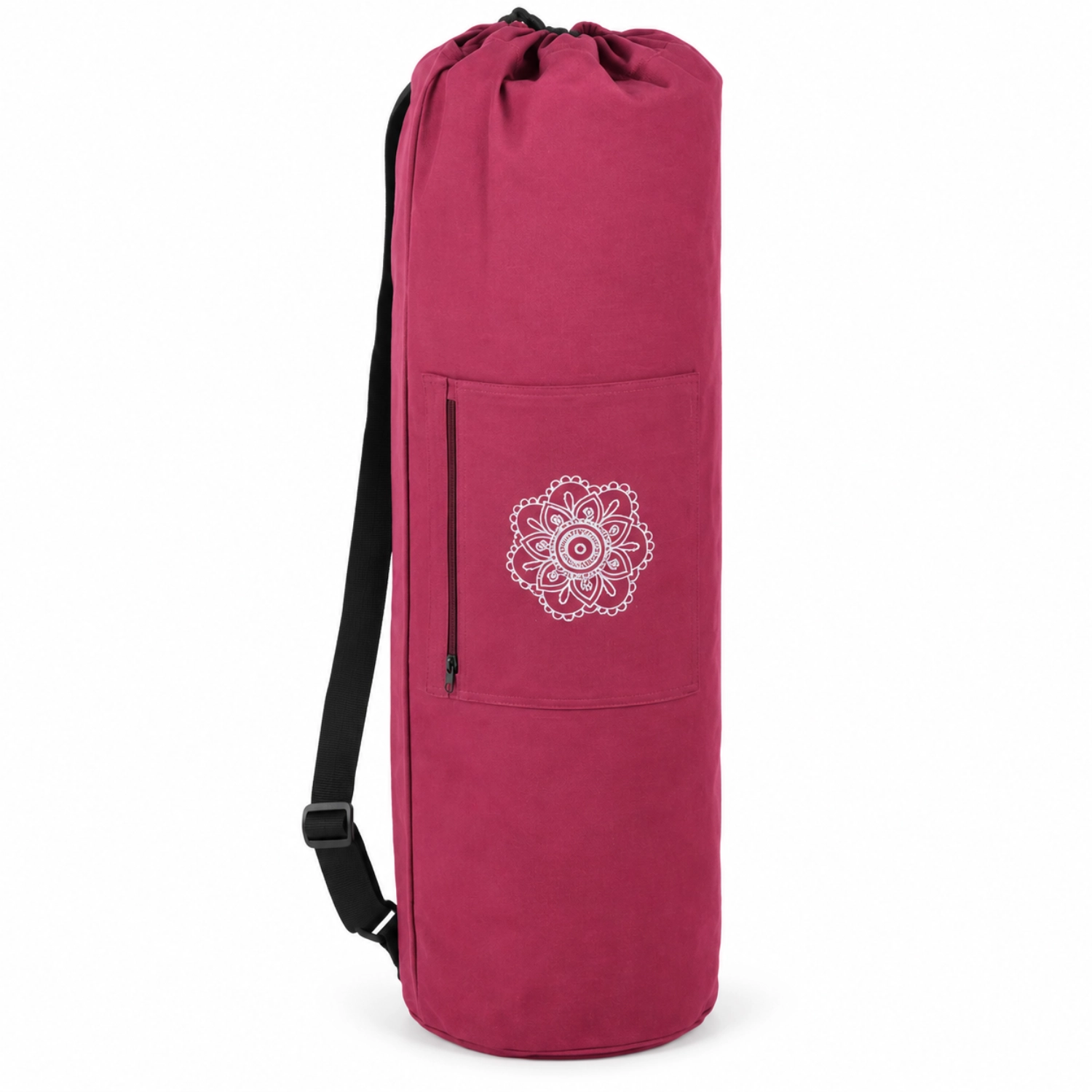 Pinke zylindrische Tragetasche für eine Yogamatte mit schwarzem Schultergurt, Kordelzug, Reißverschlussfach und weißem Mandala-Motiv